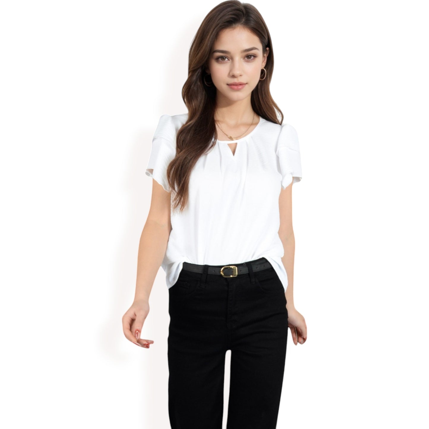 Anna-Kaci Women's Flutter Sleeve Top with Keyhole Neckline and Lightweight Textured Fabric