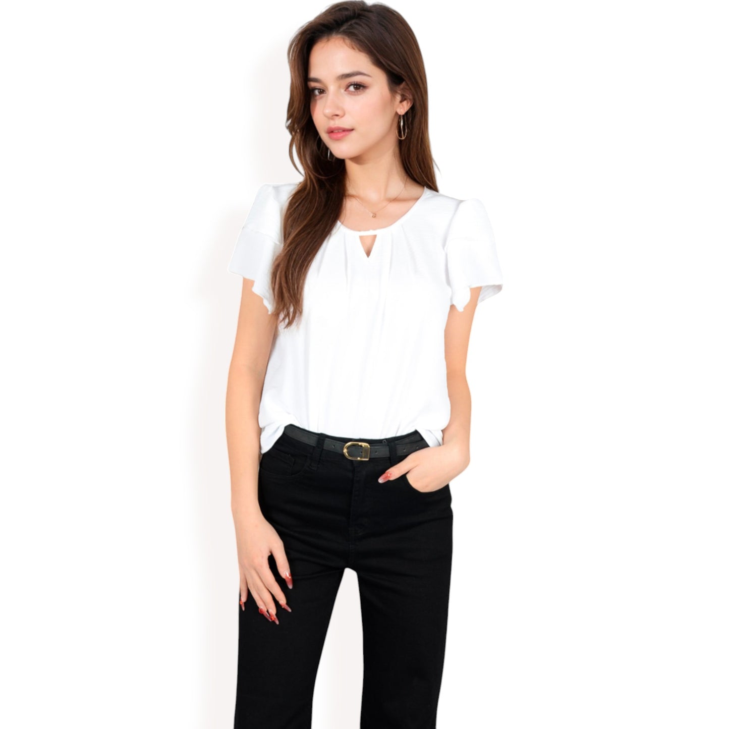 Anna-Kaci Women's Flutter Sleeve Top with Keyhole Neckline and Lightweight Textured Fabric