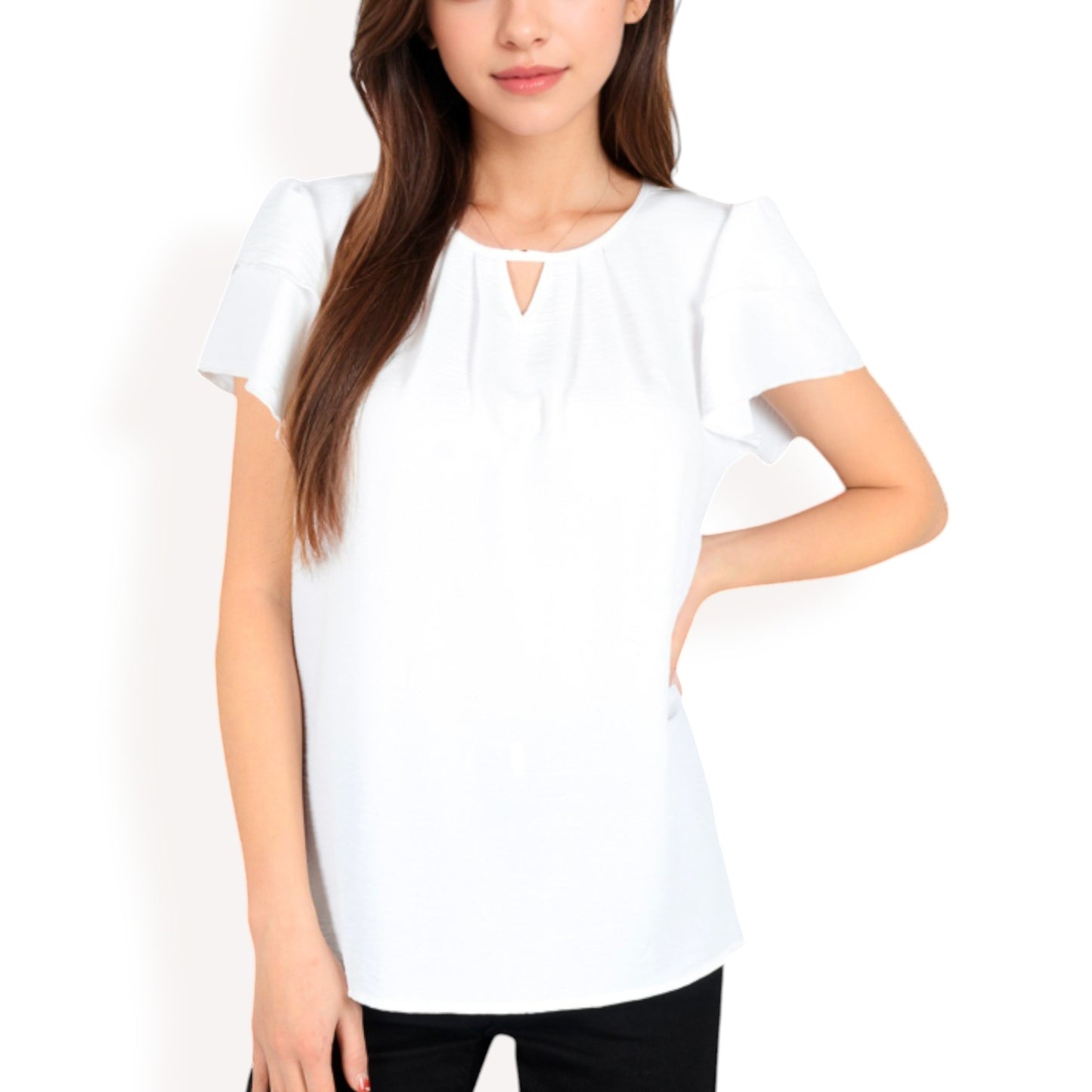 Anna-Kaci Women's Flutter Sleeve Top with Keyhole Neckline and Lightweight Textured Fabric