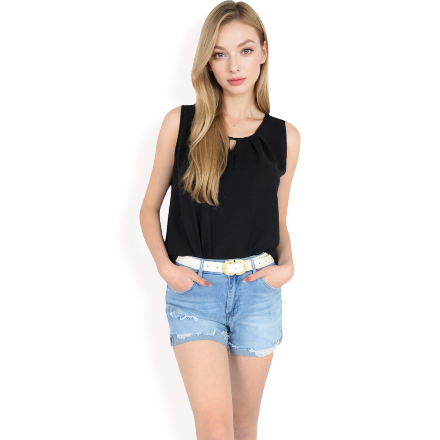 Anna-Kaci Women's Sleeveless Keyhole Top with Pleated Front Detail and Lightweight Textured Fabric