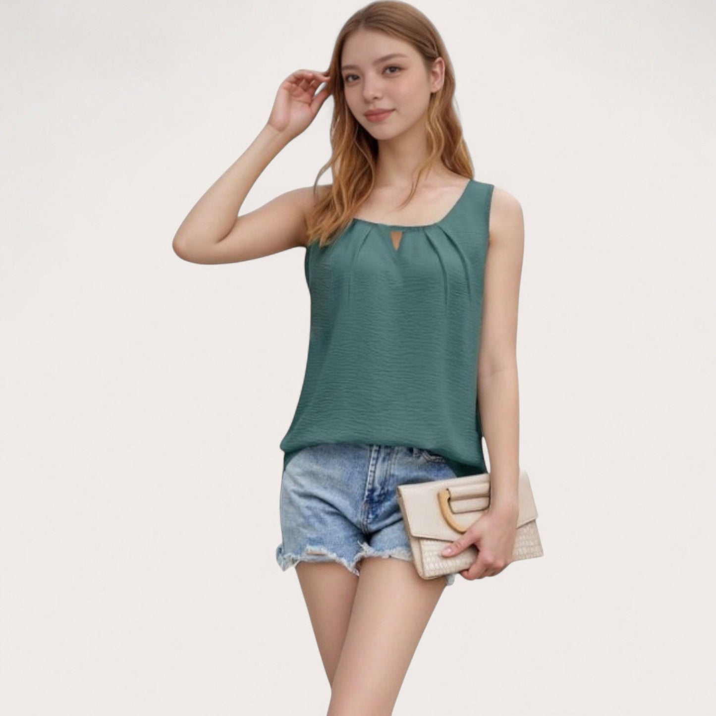 Anna-Kaci Women's Sleeveless Scoop Neck Tank Top with Keyhole Front Detail and Pleated Accents