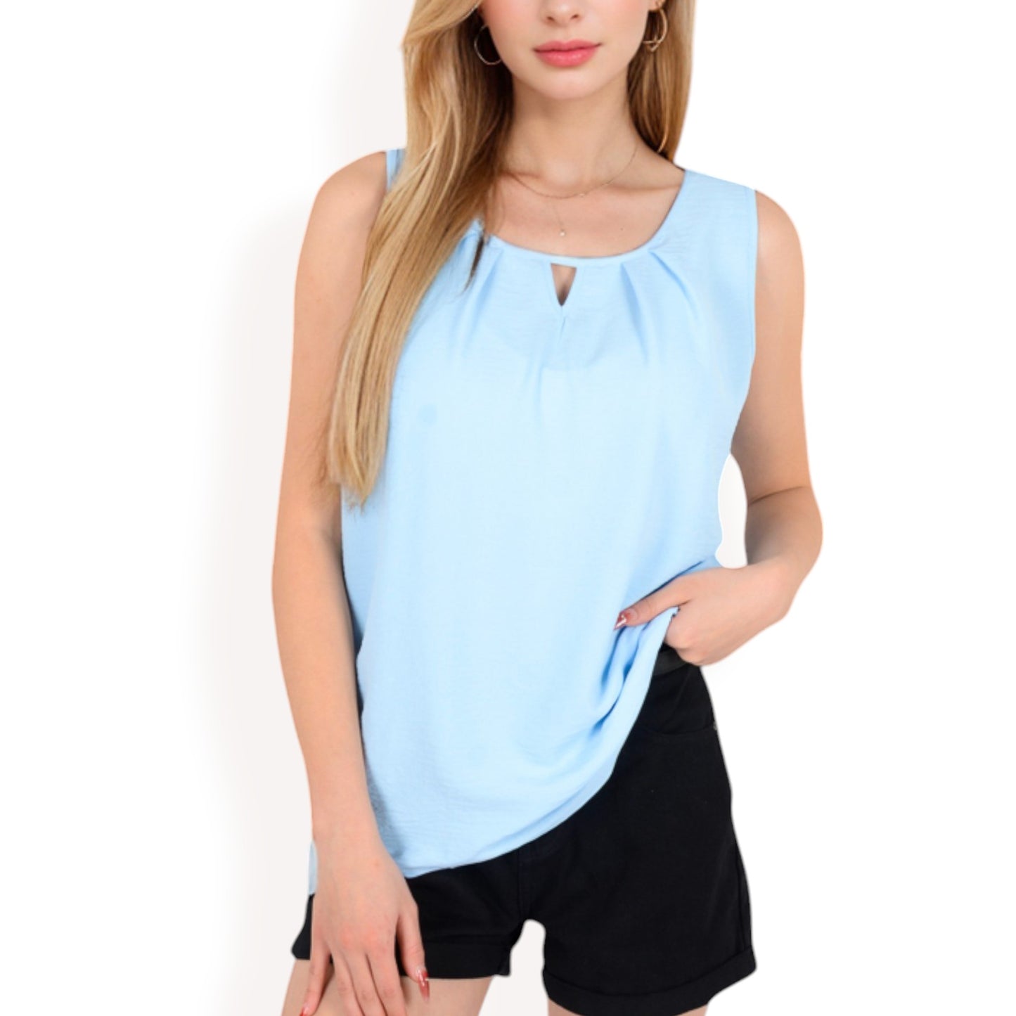 Anna-Kaci Women's Sleeveless Keyhole Top with Pleated Front Detail and Lightweight Textured Fabric
