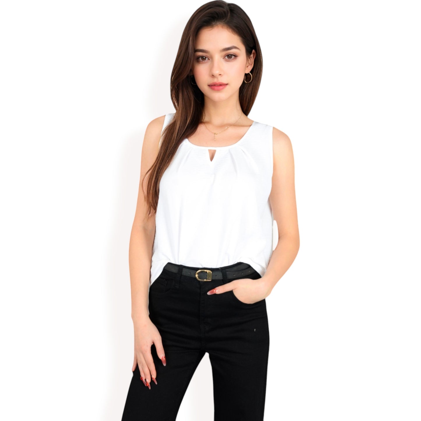 Anna-Kaci Women's Sleeveless Keyhole Top with Pleated Front Detail and Lightweight Textured Fabric