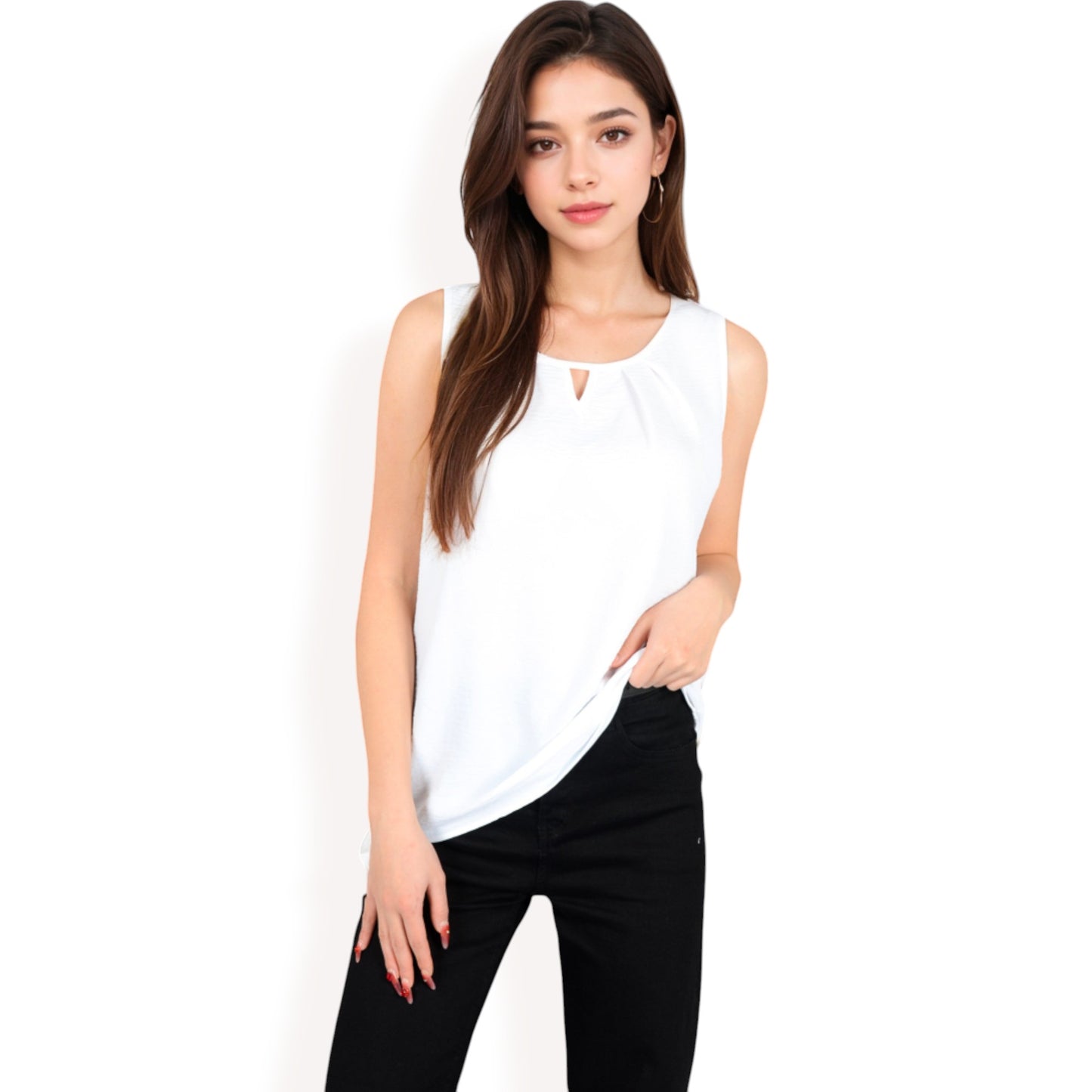 Anna-Kaci Women's Sleeveless Keyhole Top with Pleated Front Detail and Lightweight Textured Fabric