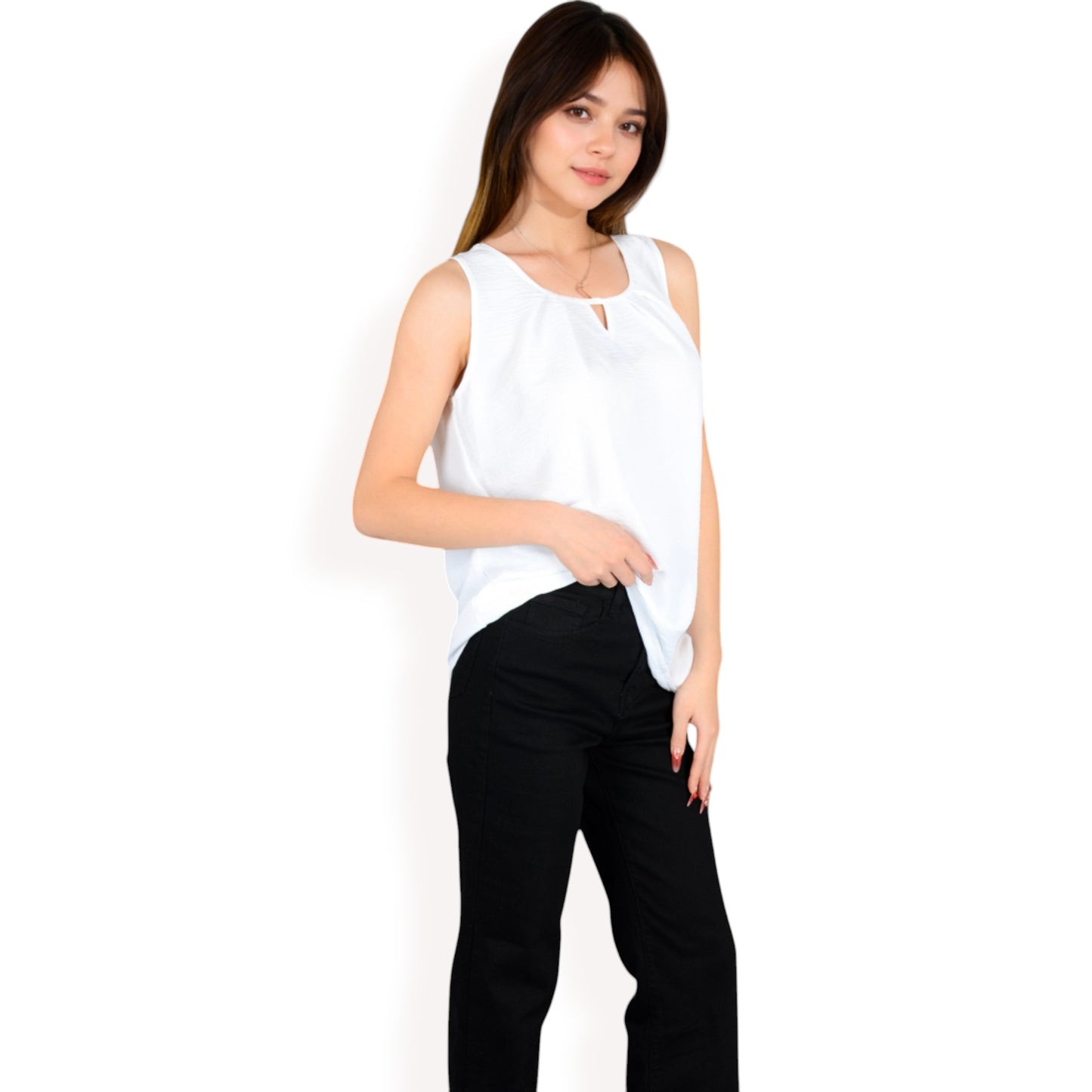 Anna-Kaci Women's Sleeveless Keyhole Top with Pleated Front Detail and Lightweight Textured Fabric