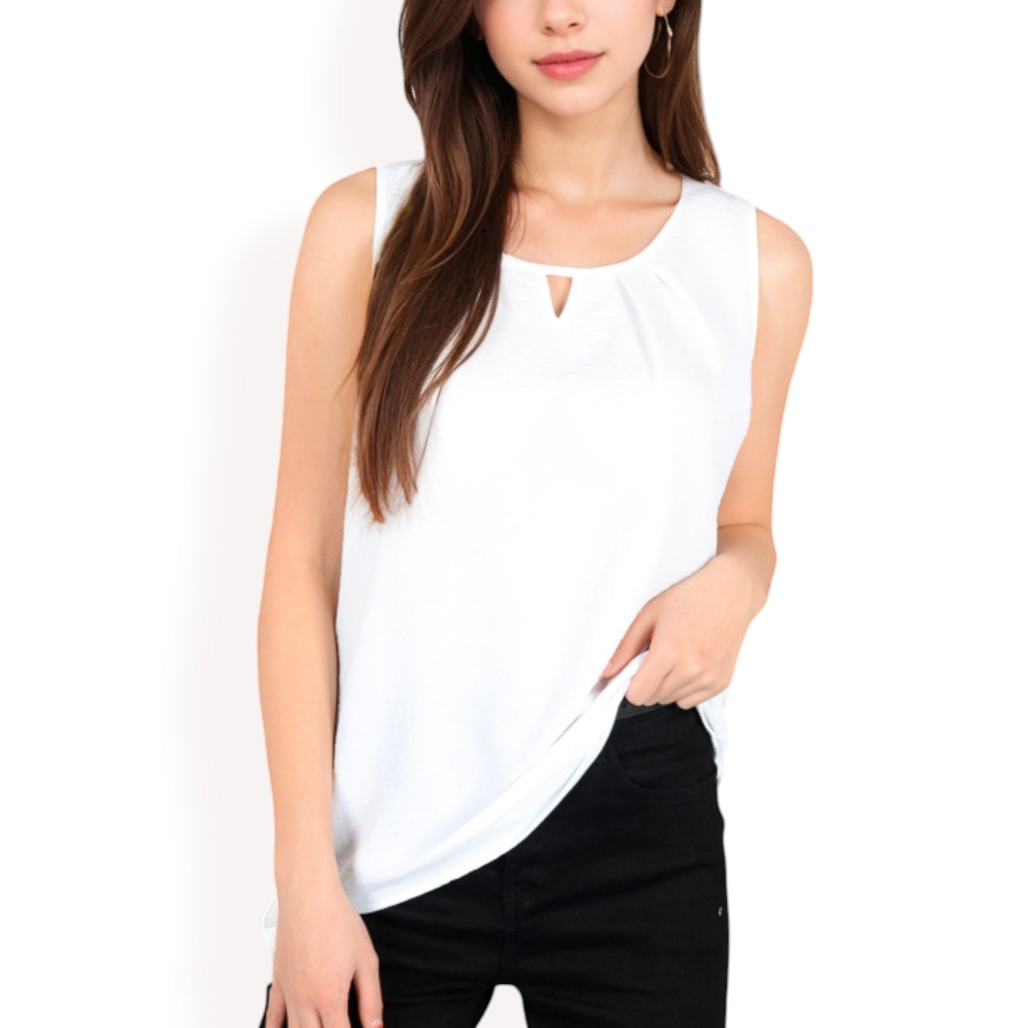 Anna-Kaci Women's Sleeveless Keyhole Top with Pleated Front Detail and Lightweight Textured Fabric