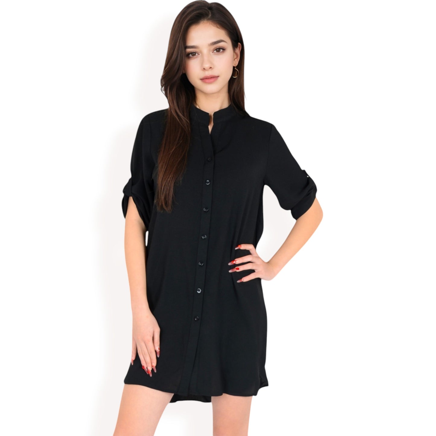 Anna-Kaci Women's Button-Down Roll-Up Sleeve Shirt Dress