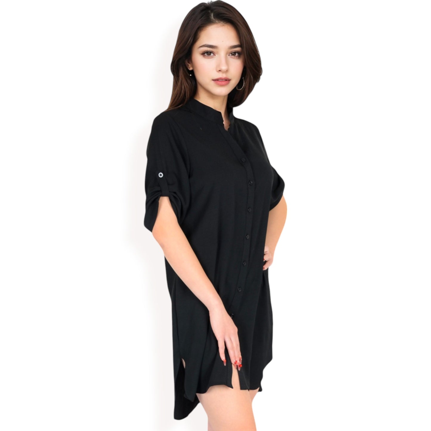 Anna-Kaci Women's Button-Down Roll-Up Sleeve Shirt Dress