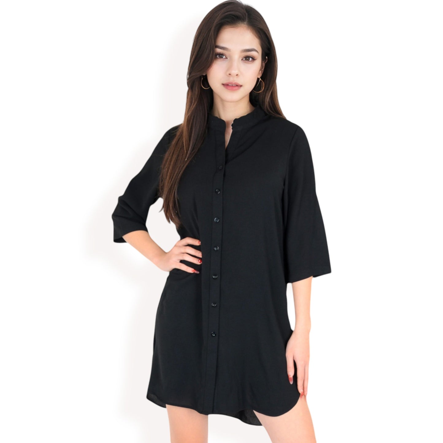 Anna-Kaci Women's Button-Down Roll-Up Sleeve Shirt Dress