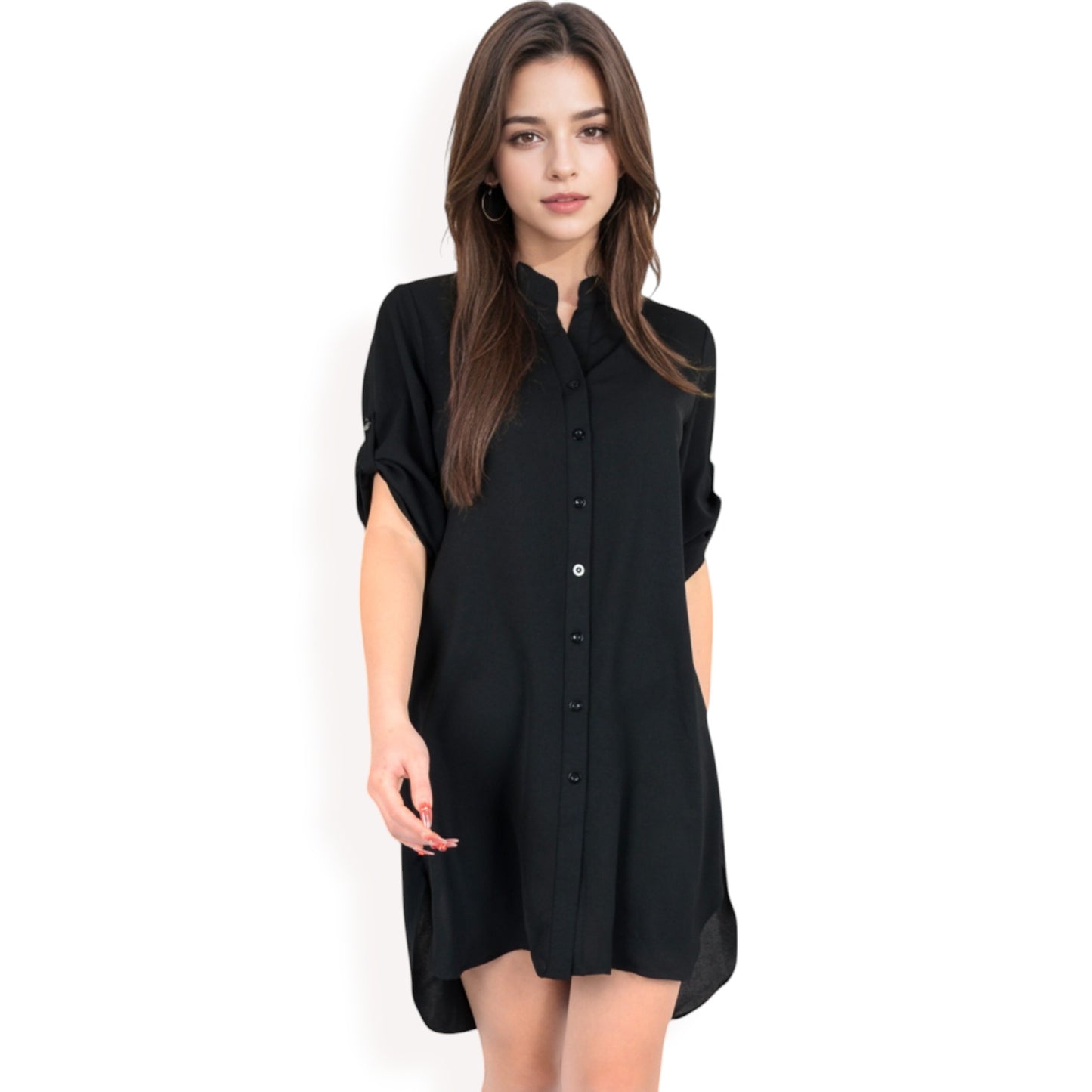 Anna-Kaci Women's Button-Down Roll-Up Sleeve Shirt Dress
