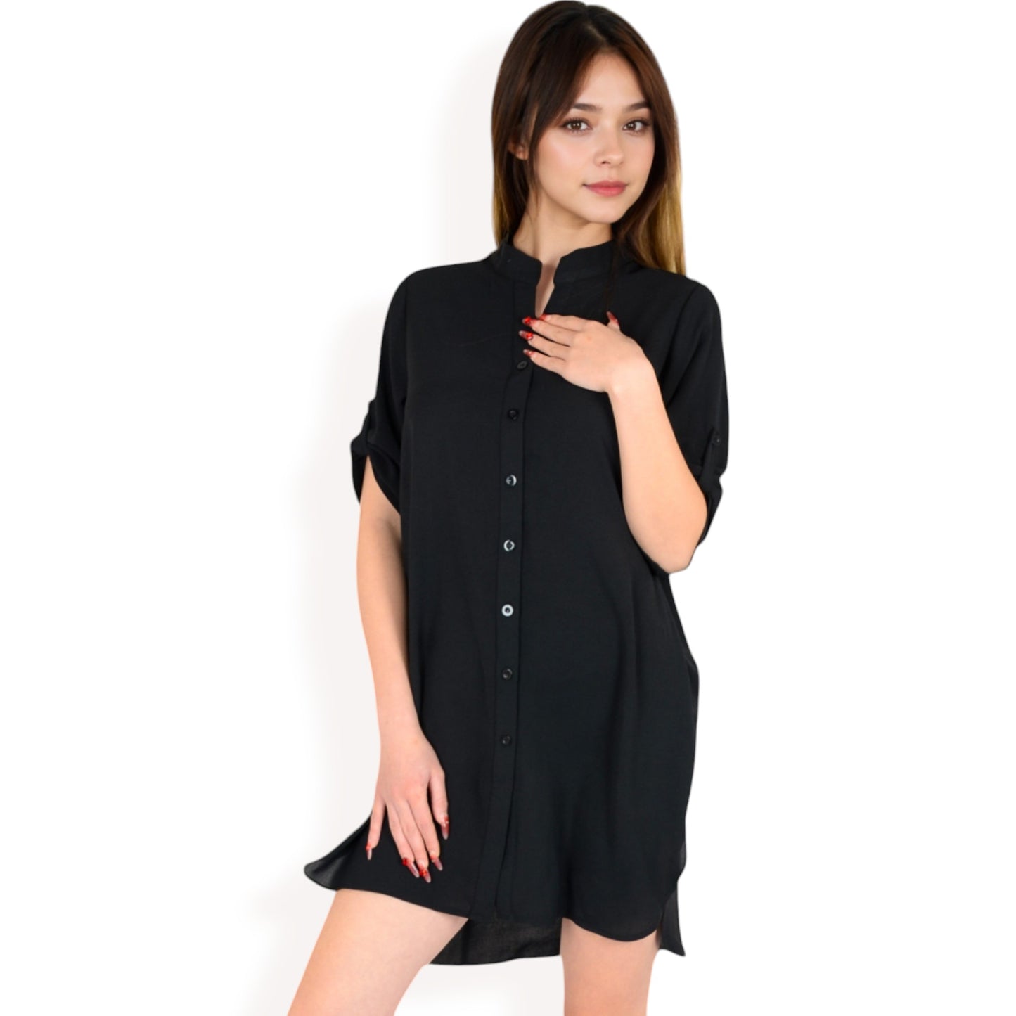 Anna-Kaci Women's Button-Down Roll-Up Sleeve Shirt Dress