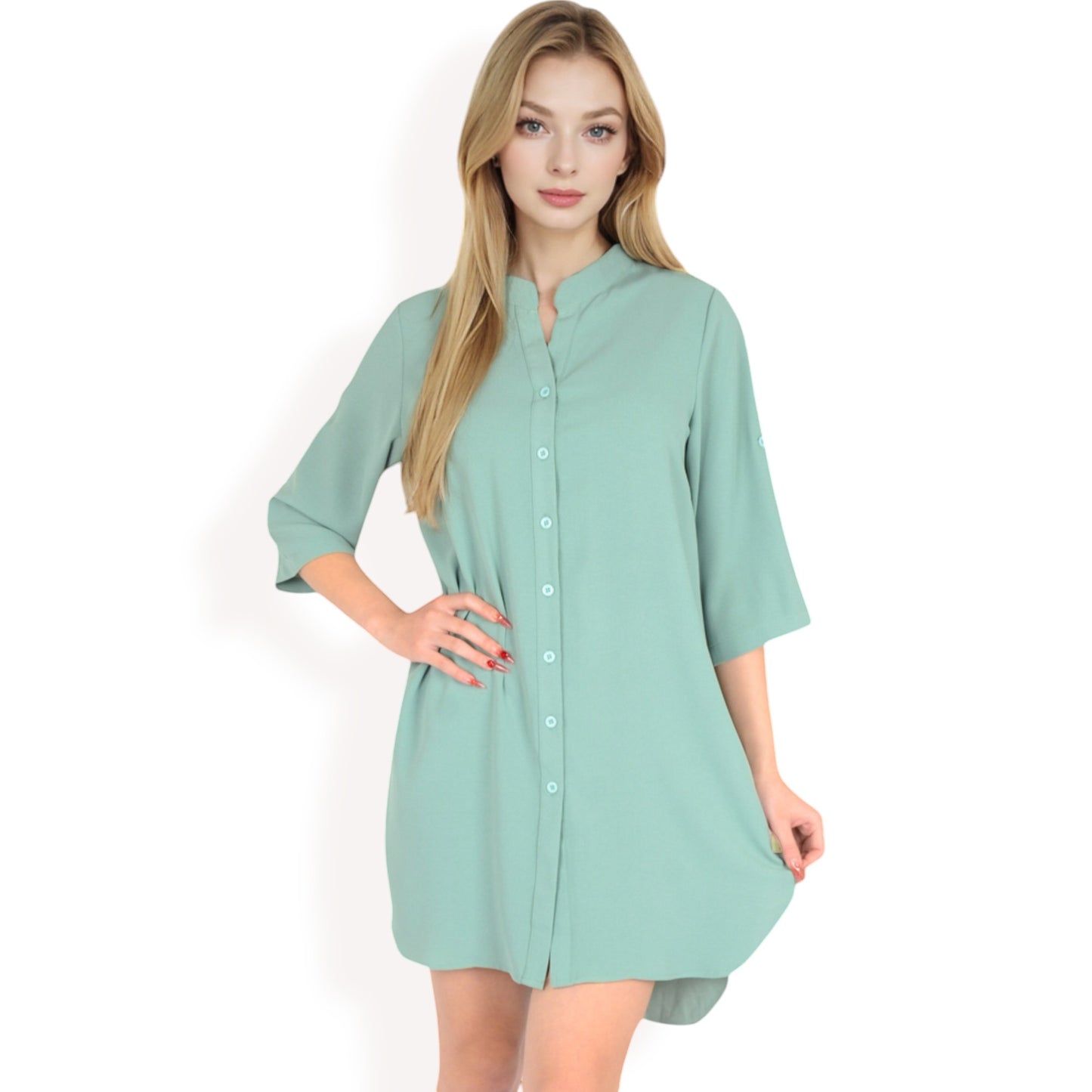 Anna-Kaci Women's Button-Down Roll-Up Sleeve Shirt Dress
