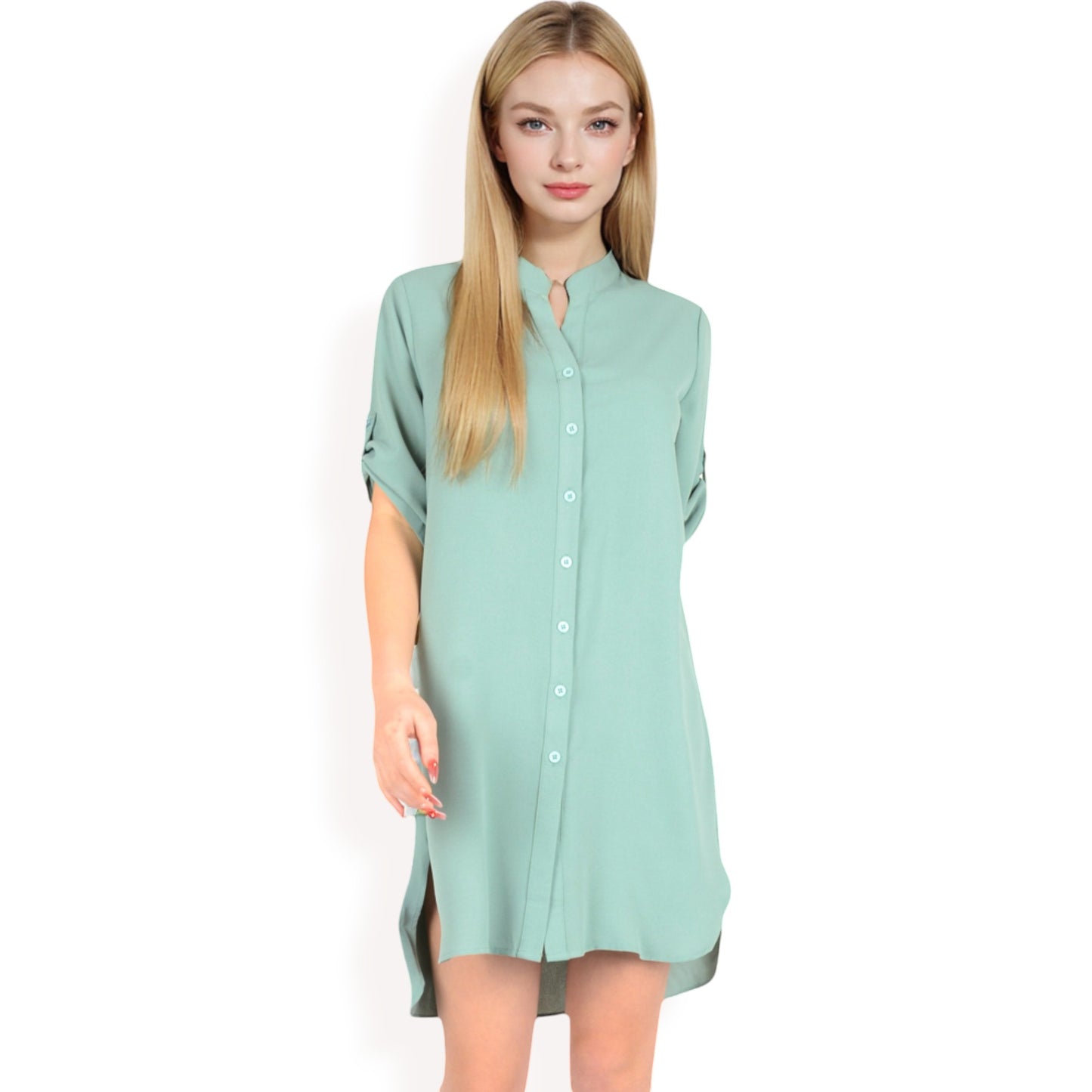 Anna-Kaci Women's Button-Down Roll-Up Sleeve Shirt Dress