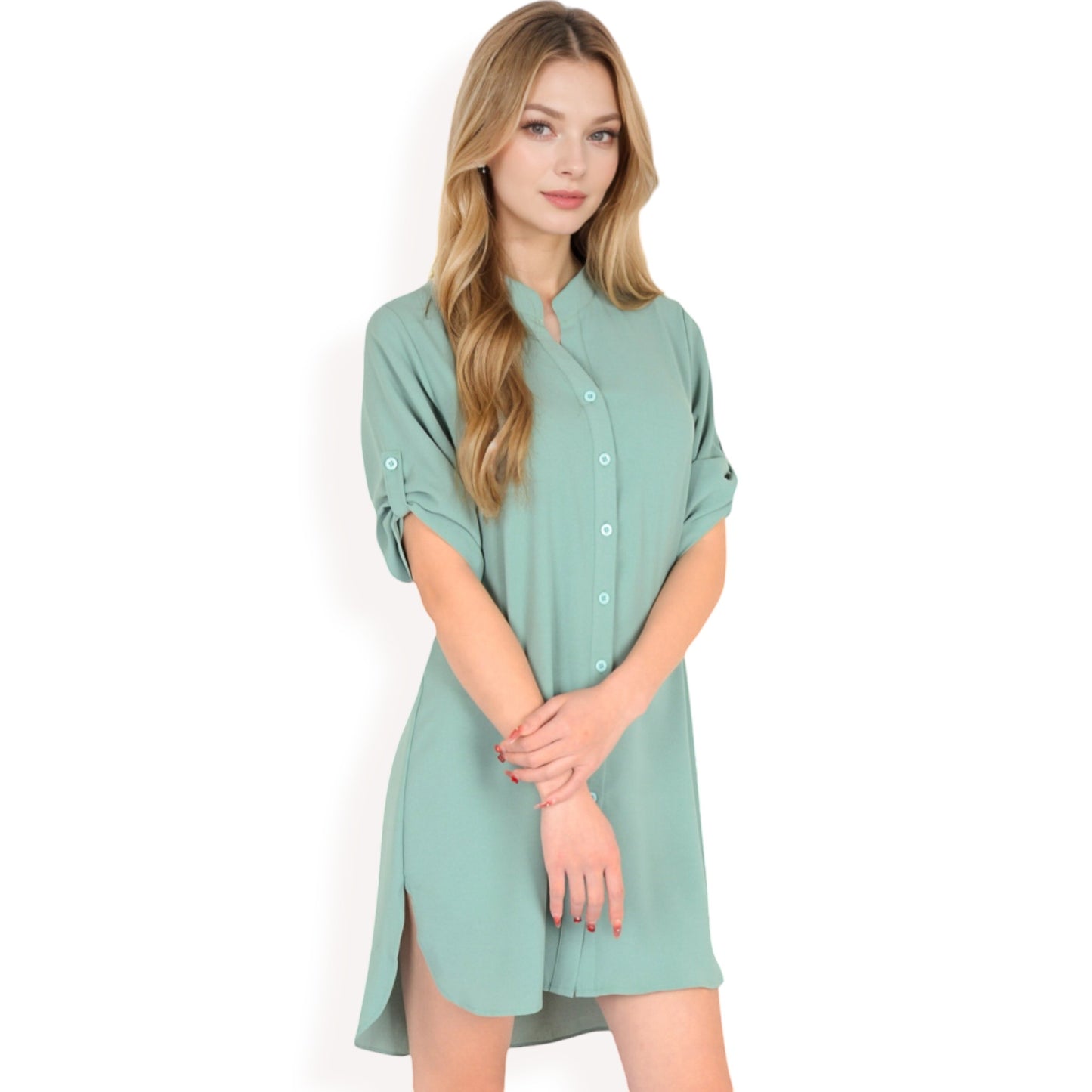 Anna-Kaci Women's Button-Down Roll-Up Sleeve Shirt Dress
