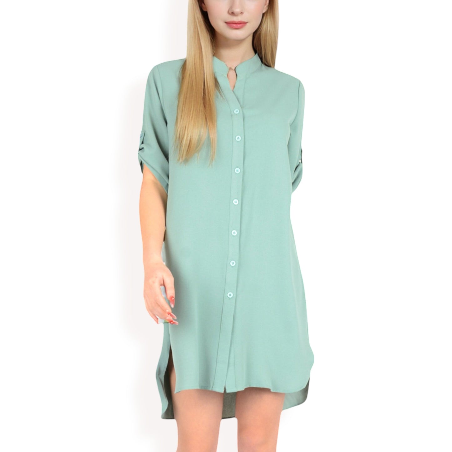 Anna-Kaci Women's Button-Down Roll-Up Sleeve Shirt Dress