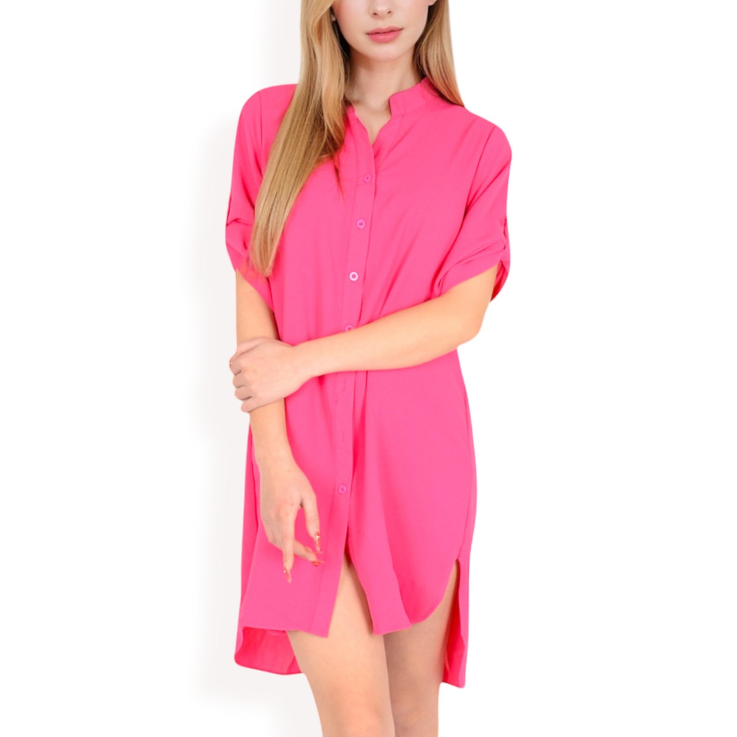 Anna-Kaci Women's Button-Down Roll-Up Sleeve Shirt Dress