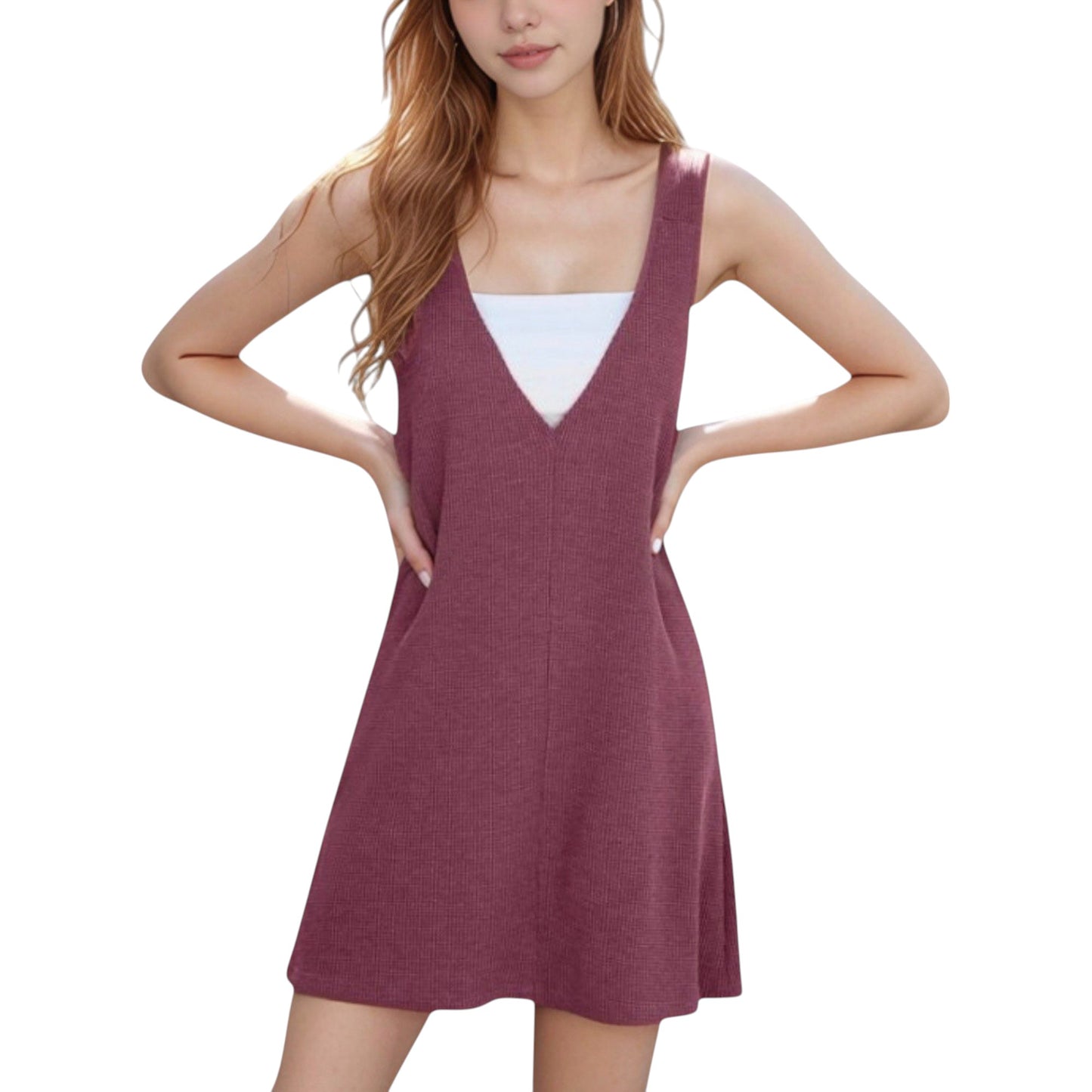 Anna-Kaci Women's Sleeveless V-Neck Mini Jumper Dress with Ribbed Knit Texture and A-Line Silhouette