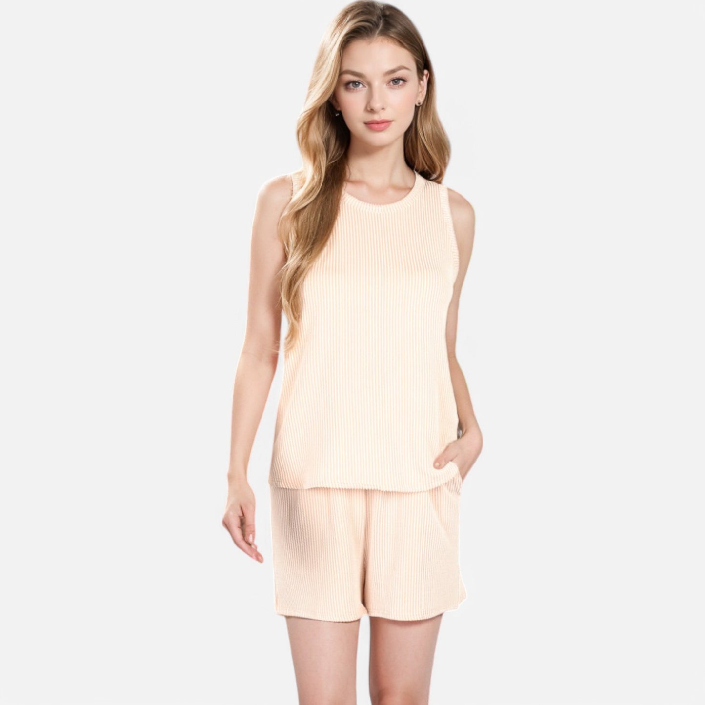 Anna-Kaci Women's Sleeveless Ribbed Lounge Set with Elastic Waist Shorts and Relaxed Fit