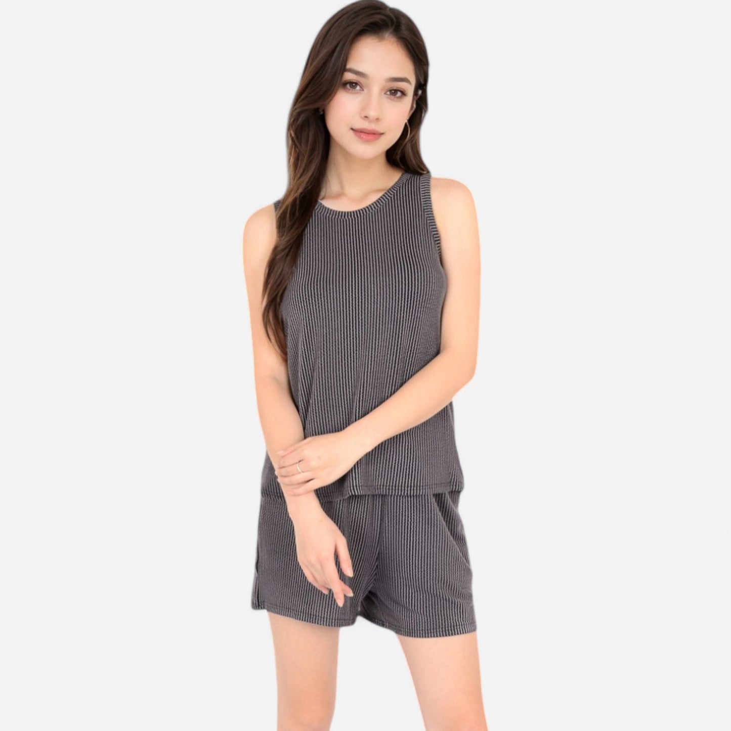 Anna-Kaci Women's Sleeveless Ribbed Lounge Set with Elastic Waist Shorts and Relaxed Fit