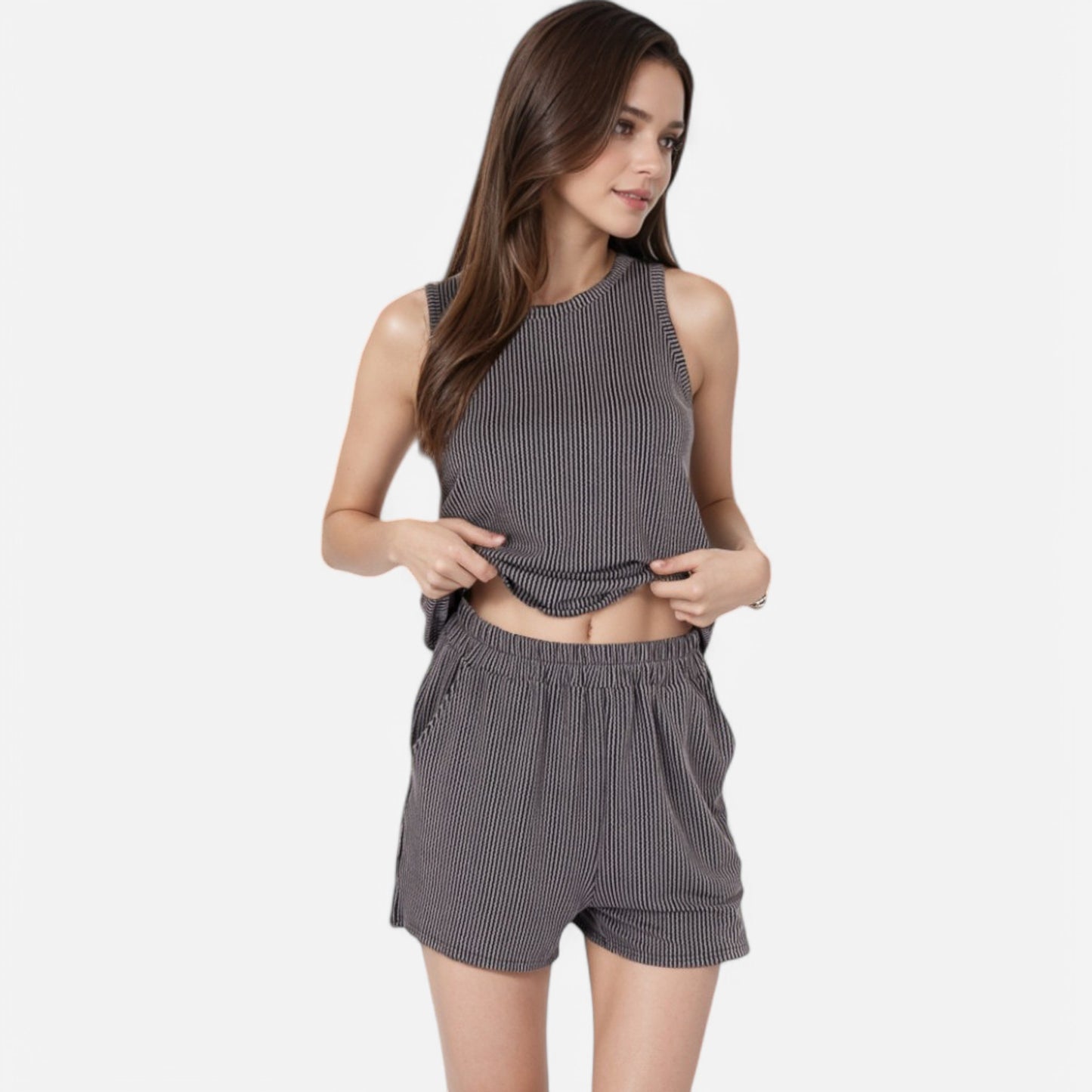 Anna-Kaci Women's Sleeveless Ribbed Lounge Set with Elastic Waist Shorts and Relaxed Fit