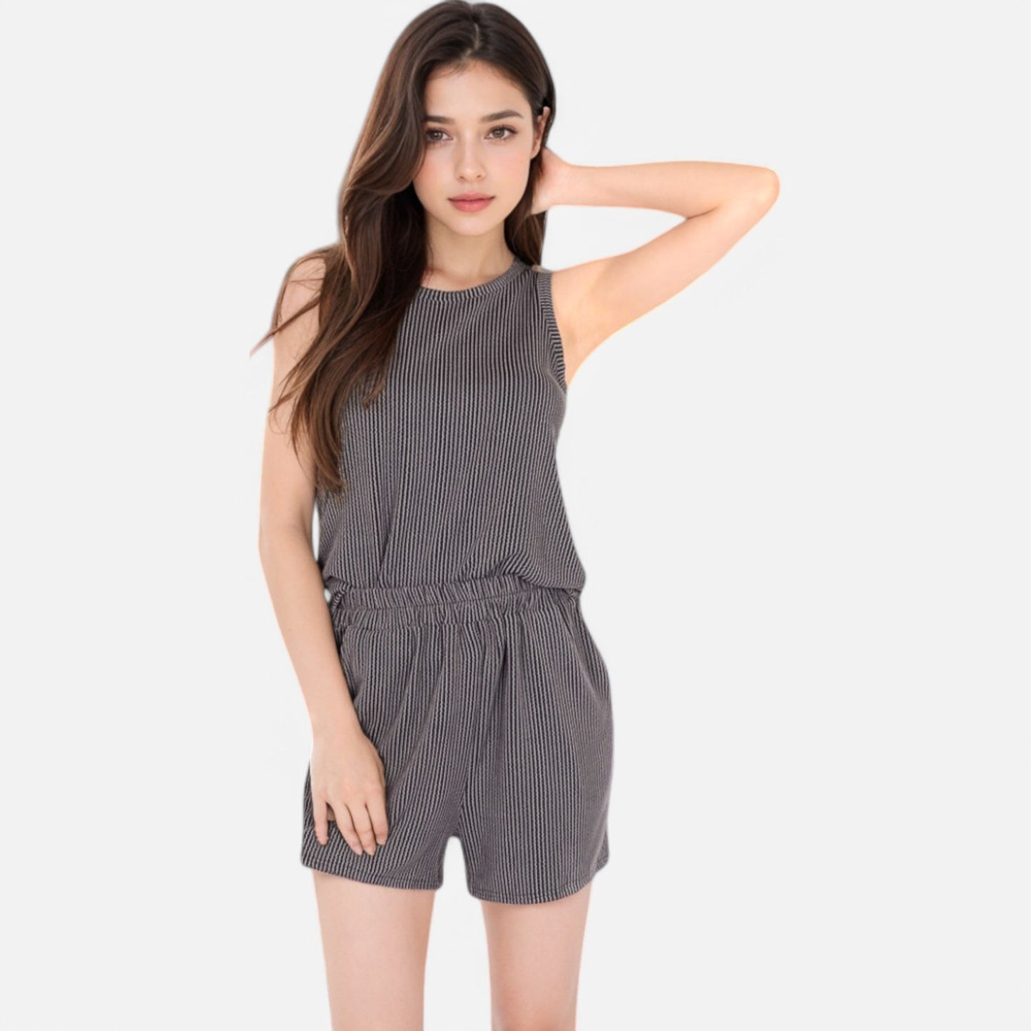 Anna-Kaci Women's Sleeveless Ribbed Lounge Set with Elastic Waist Shorts and Relaxed Fit