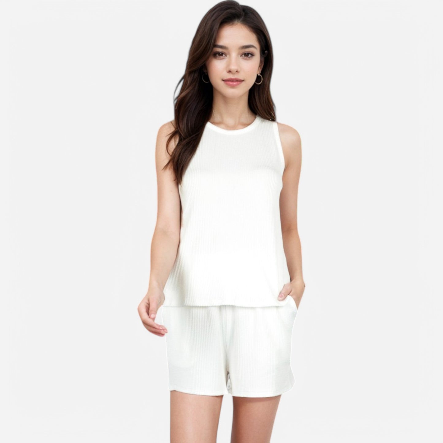 Anna-Kaci Women's Sleeveless Ribbed Lounge Set with Elastic Waist Shorts and Relaxed Fit