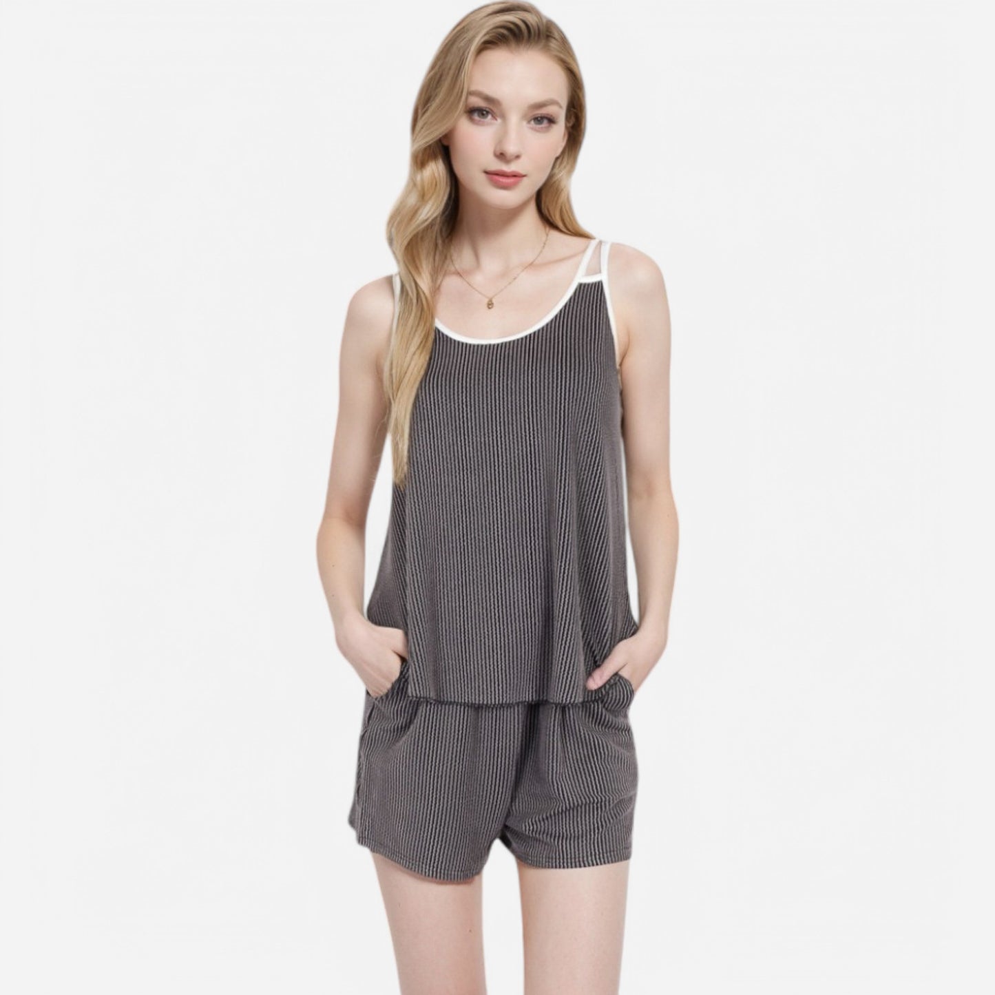 Anna-Kaci Women's Ribbed Lounge Set with Contrast Trim Sleeveless Top and Elastic Waist Shorts