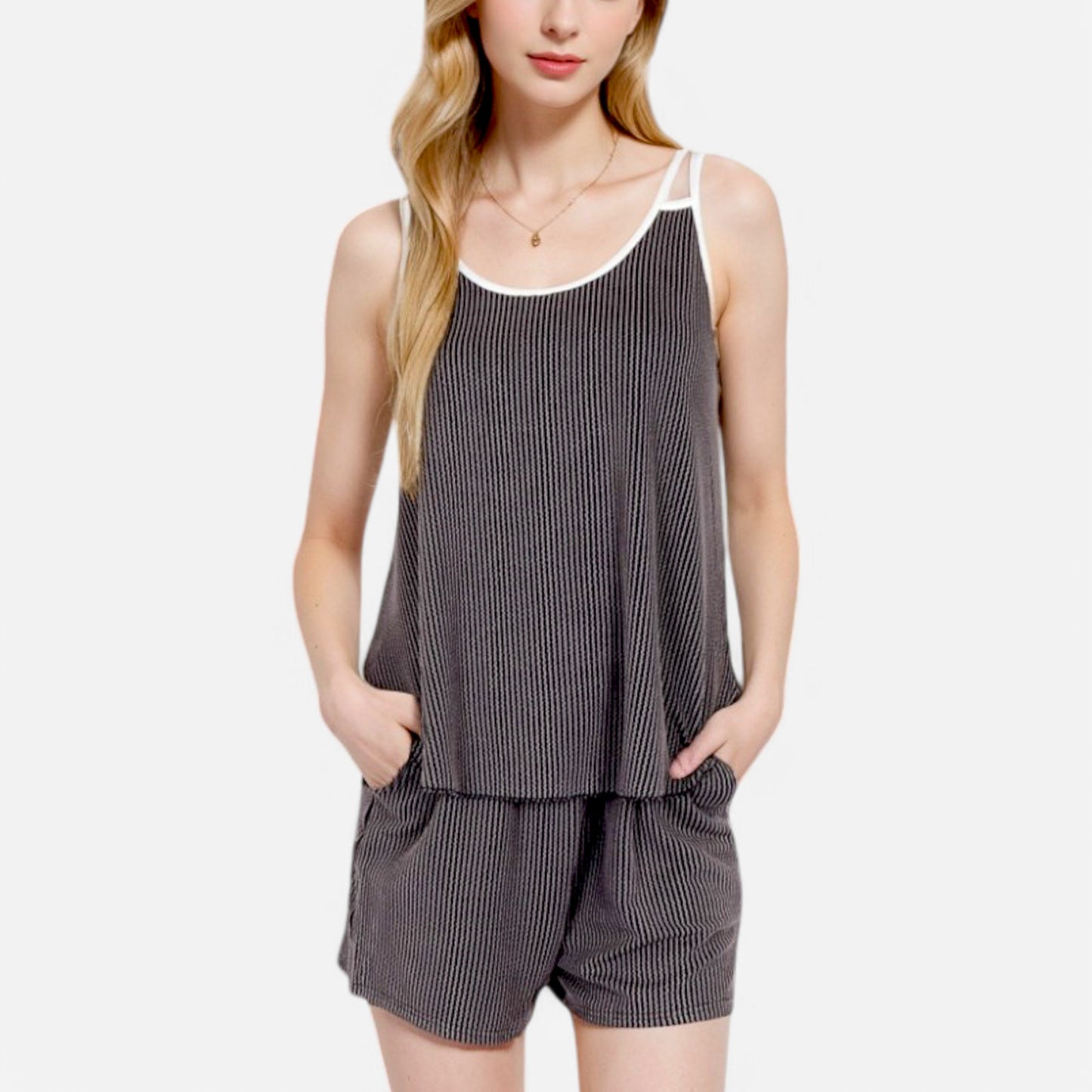 Anna-Kaci Women's Ribbed Lounge Set with Contrast Trim Sleeveless Top and Elastic Waist Shorts