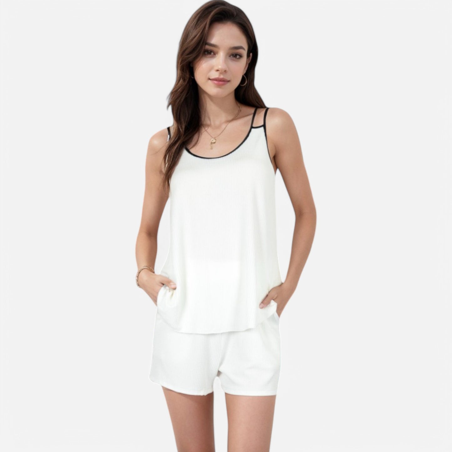 Anna-Kaci Women's Ribbed Lounge Set with Contrast Trim Sleeveless Top and Elastic Waist Shorts