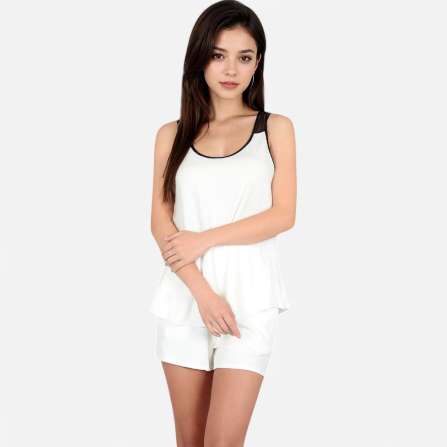 Anna-Kaci Women's Ribbed Lounge Set with Contrast Trim Sleeveless Top and Elastic Waist Shorts