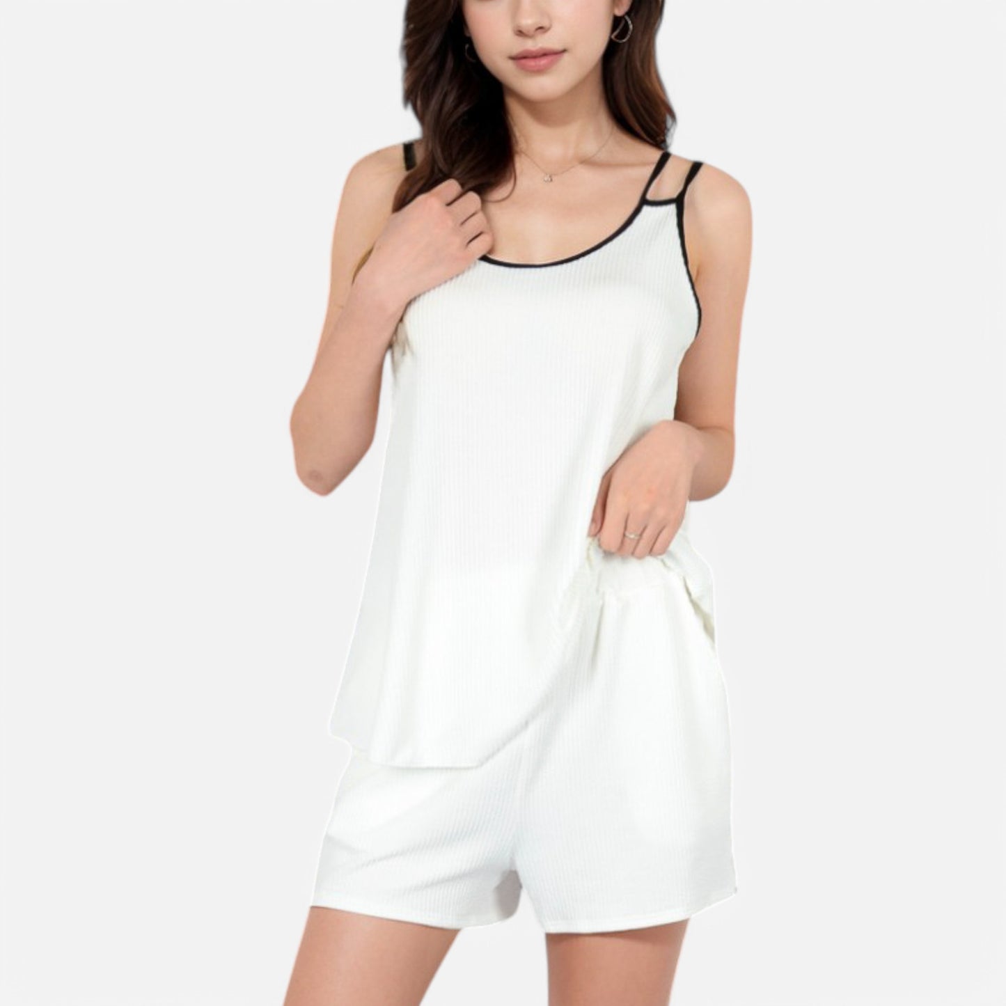 Anna-Kaci Women's Ribbed Lounge Set with Contrast Trim Sleeveless Top and Elastic Waist Shorts
