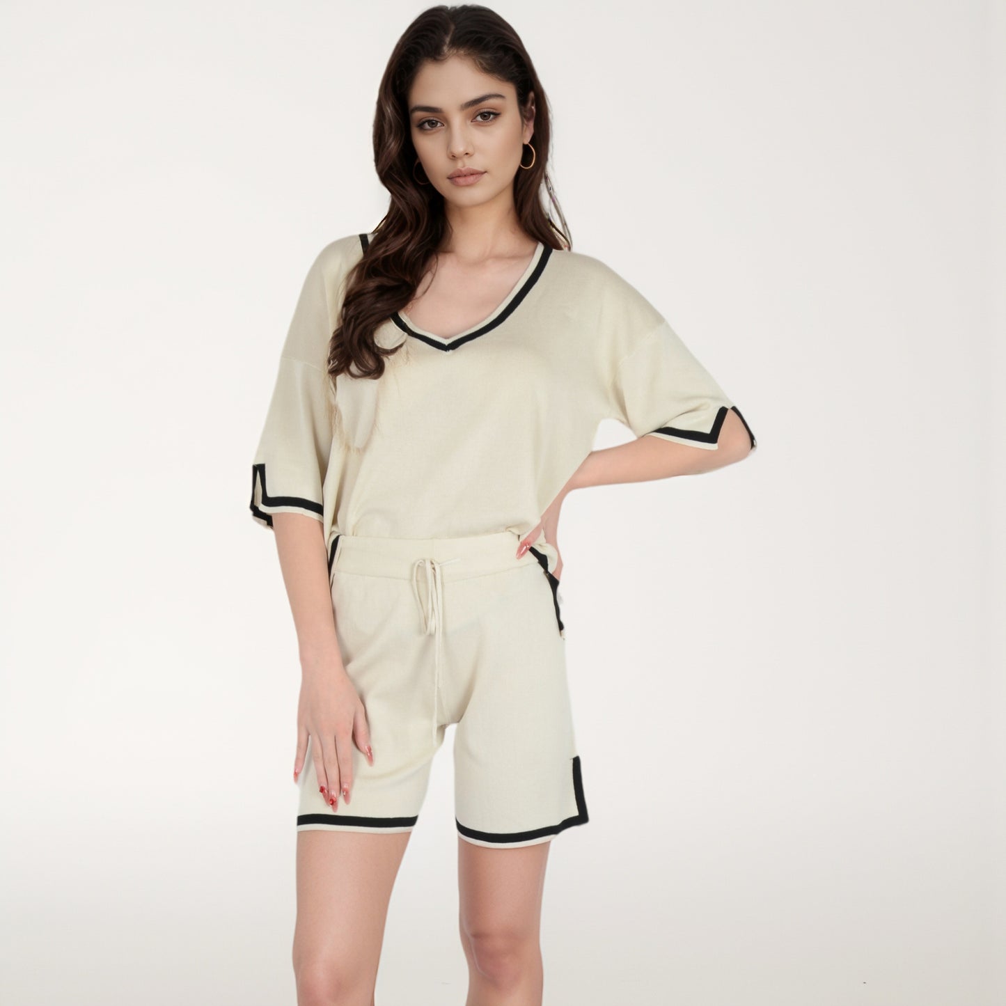 Anna-Kaci Women's Knit Lounge Set with V-Neck Top and Drawstring Shorts Featuring Contrast Trim