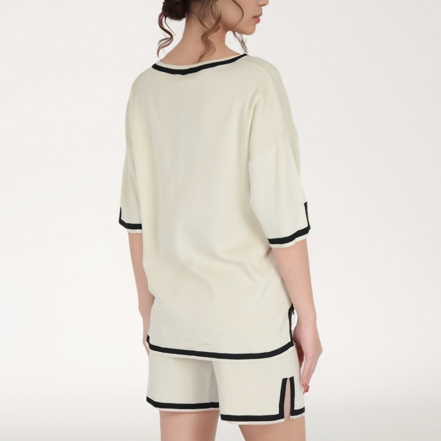 Anna-Kaci Women's Knit Lounge Set with V-Neck Top and Drawstring Shorts Featuring Contrast Trim