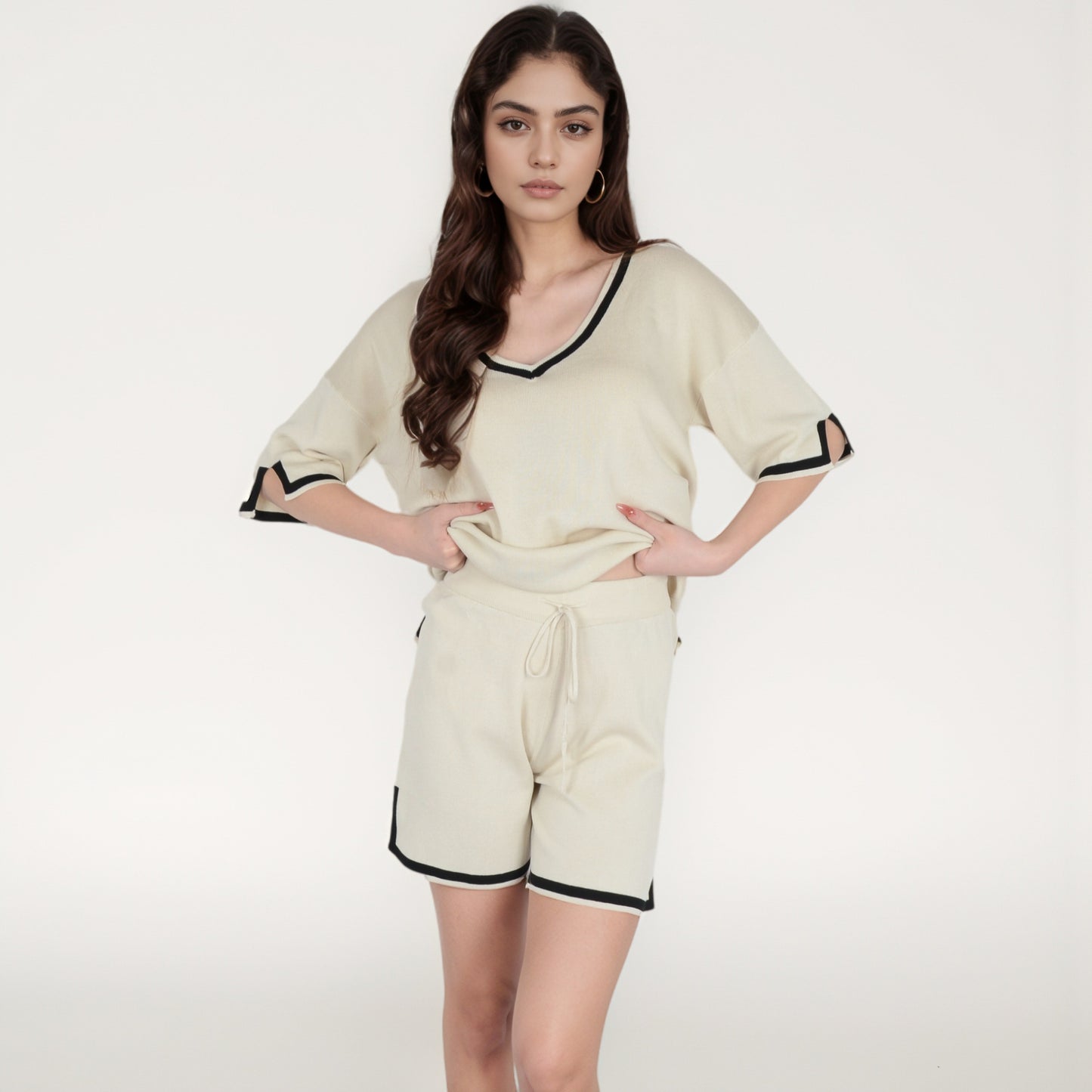 Anna-Kaci Women's Knit Lounge Set with V-Neck Top and Drawstring Shorts Featuring Contrast Trim