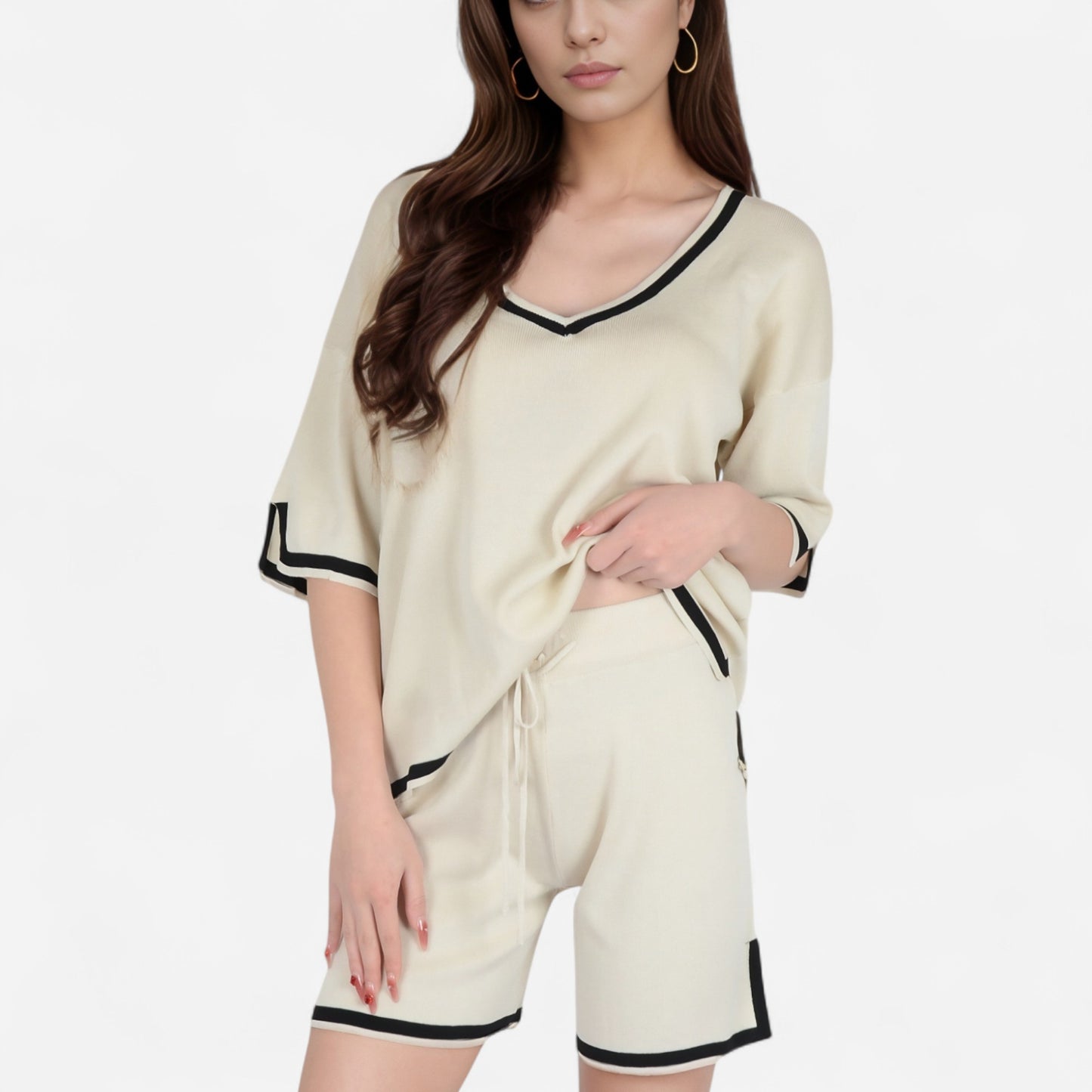 Anna-Kaci Women's Knit Lounge Set with V-Neck Top and Drawstring Shorts Featuring Contrast Trim