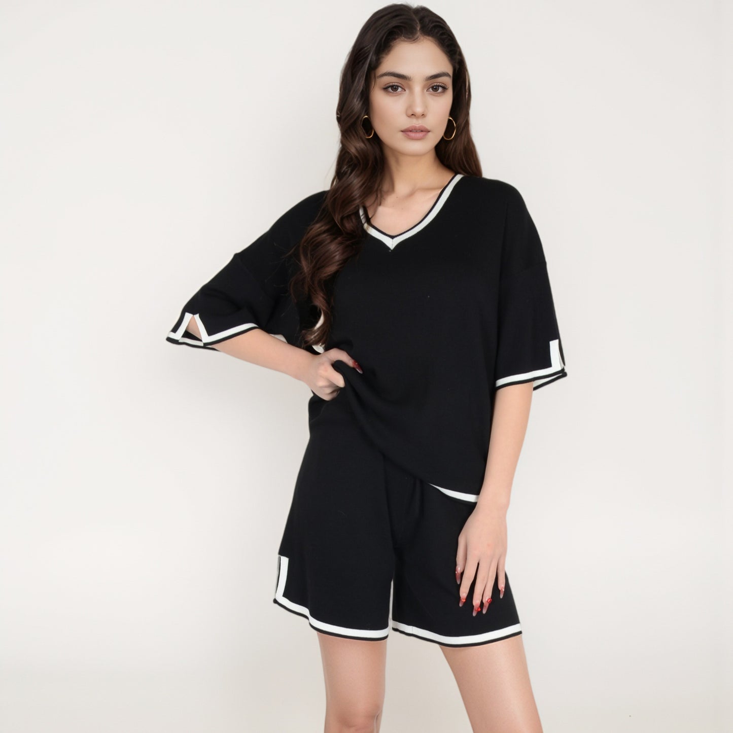Anna-Kaci Women's Knit Lounge Set with V-Neck Top and Drawstring Shorts Featuring Contrast Trim