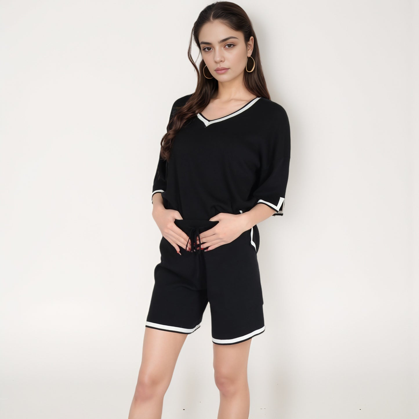 Anna-Kaci Women's Knit Lounge Set with V-Neck Top and Drawstring Shorts Featuring Contrast Trim