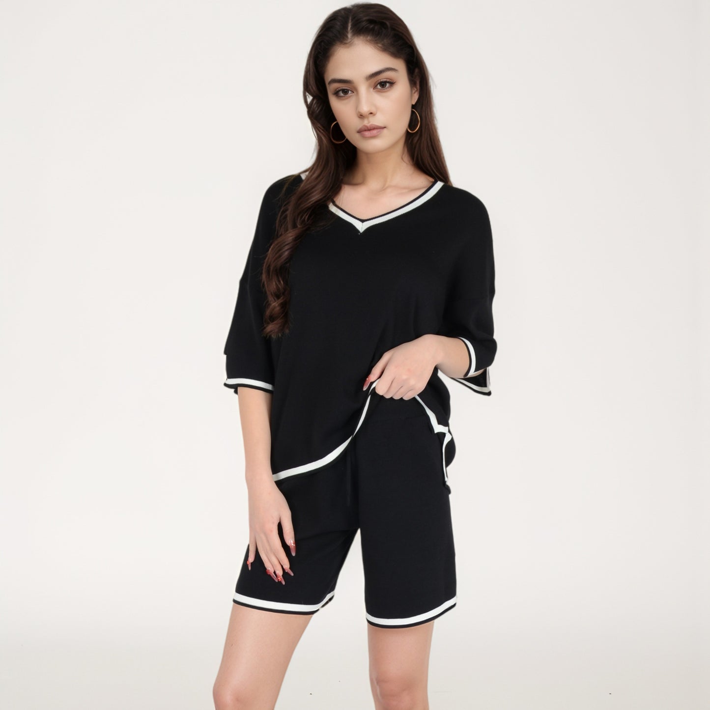 Anna-Kaci Women's Knit Lounge Set with V-Neck Top and Drawstring Shorts Featuring Contrast Trim