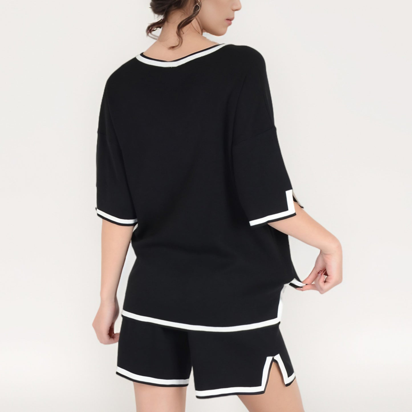 Anna-Kaci Women's Knit Lounge Set with V-Neck Top and Drawstring Shorts Featuring Contrast Trim