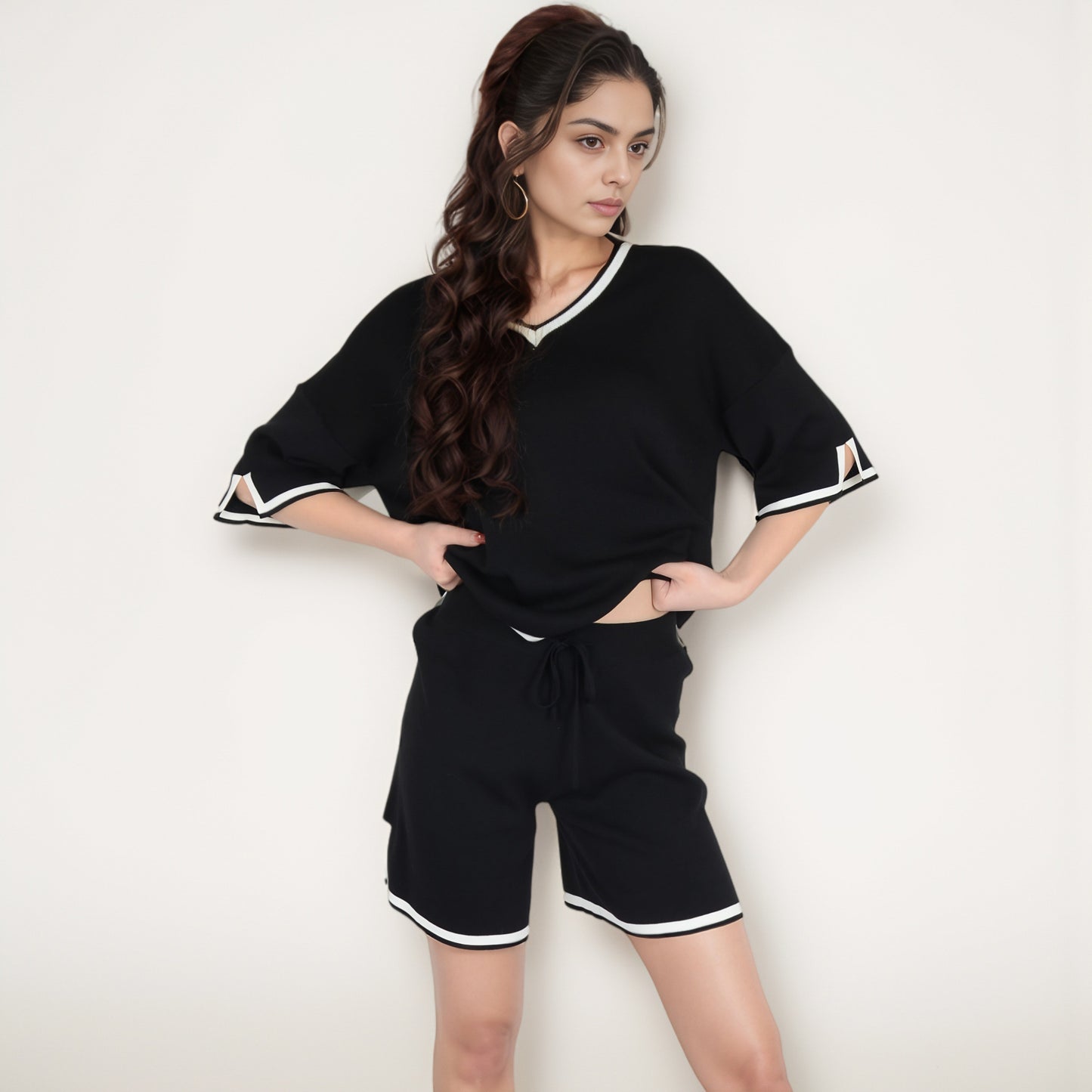 Anna-Kaci Women's Knit Lounge Set with V-Neck Top and Drawstring Shorts Featuring Contrast Trim