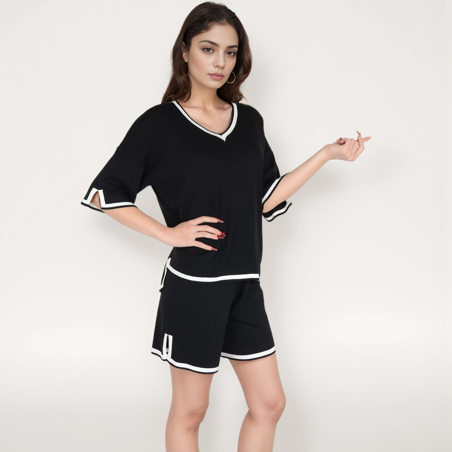 Anna-Kaci Women's Knit Lounge Set with V-Neck Top and Drawstring Shorts Featuring Contrast Trim