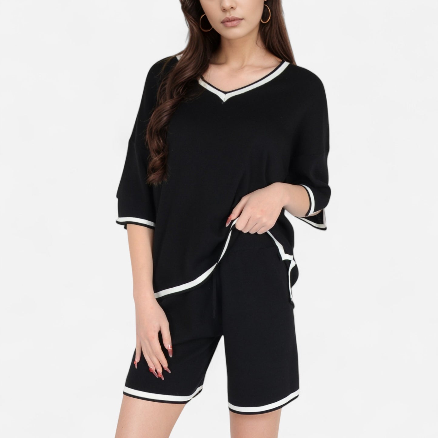Anna-Kaci Women's Knit Lounge Set with V-Neck Top and Drawstring Shorts Featuring Contrast Trim