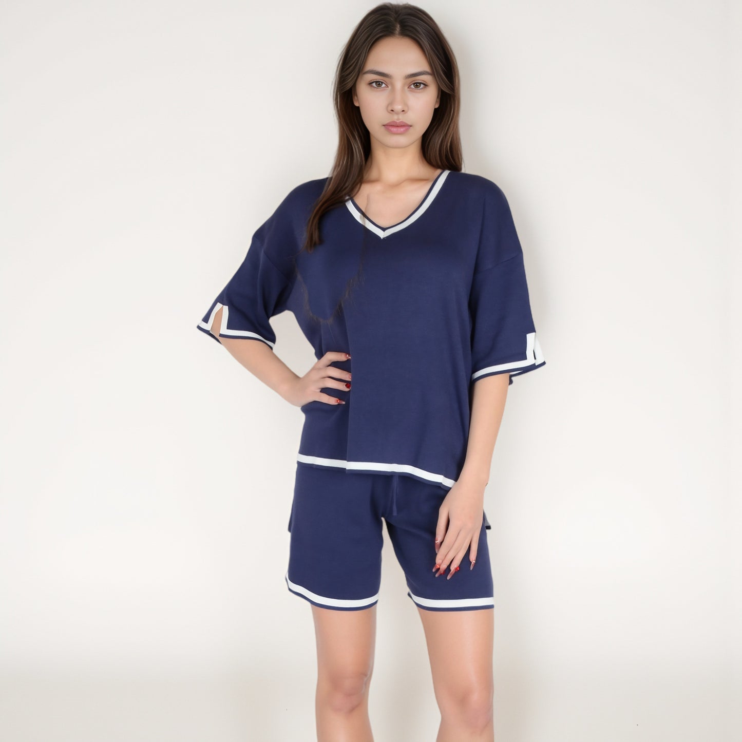 Anna-Kaci Women's Knit Lounge Set with V-Neck Top and Drawstring Shorts Featuring Contrast Trim
