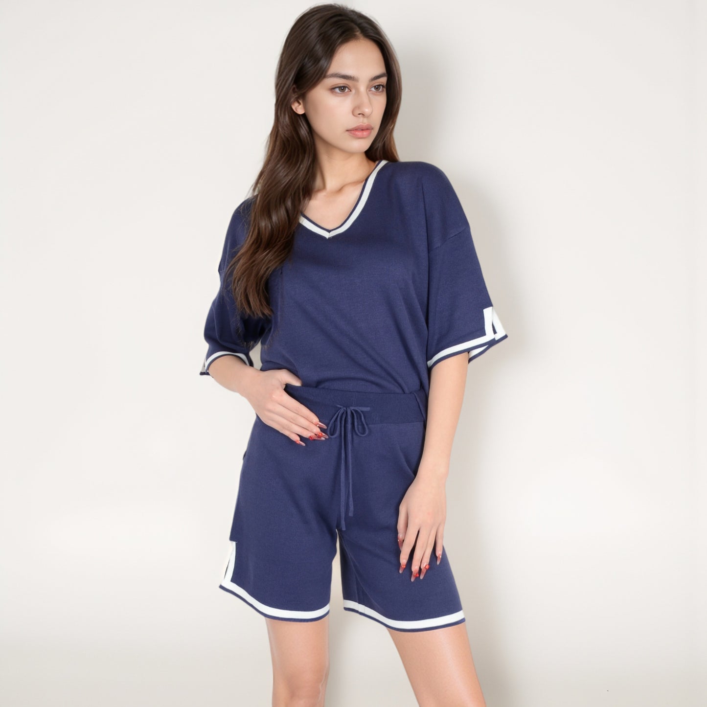 Anna-Kaci Women's Knit Lounge Set with V-Neck Top and Drawstring Shorts Featuring Contrast Trim