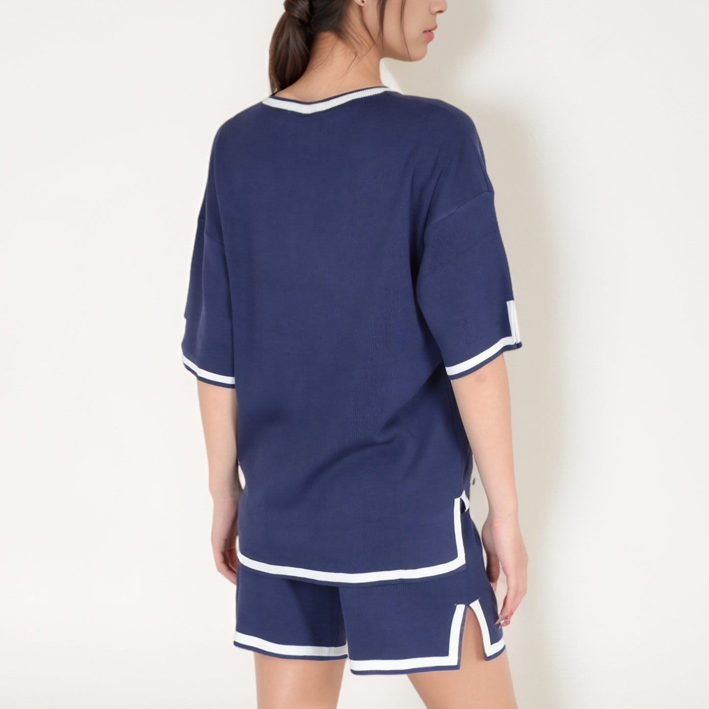 Anna-Kaci Women's Knit Lounge Set with V-Neck Top and Drawstring Shorts Featuring Contrast Trim