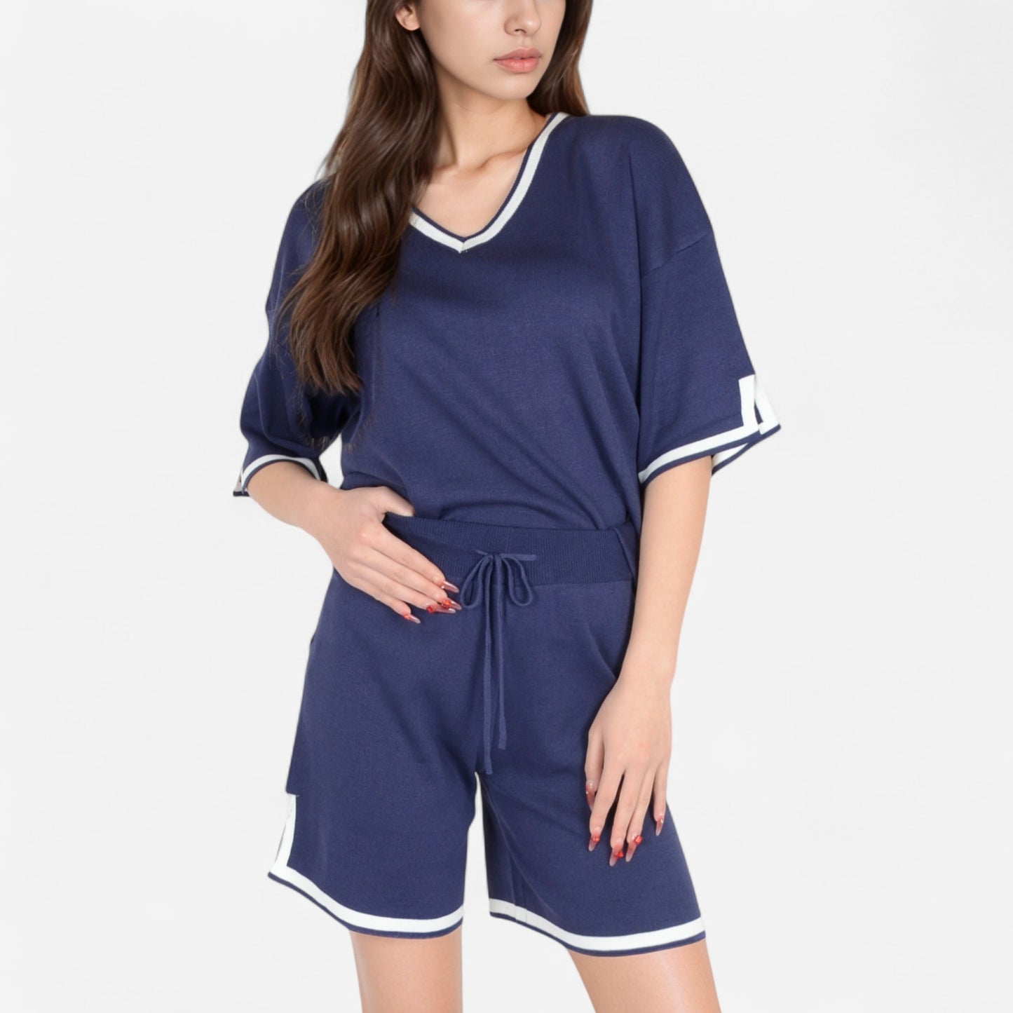 Anna-Kaci Women's Knit Lounge Set with V-Neck Top and Drawstring Shorts Featuring Contrast Trim