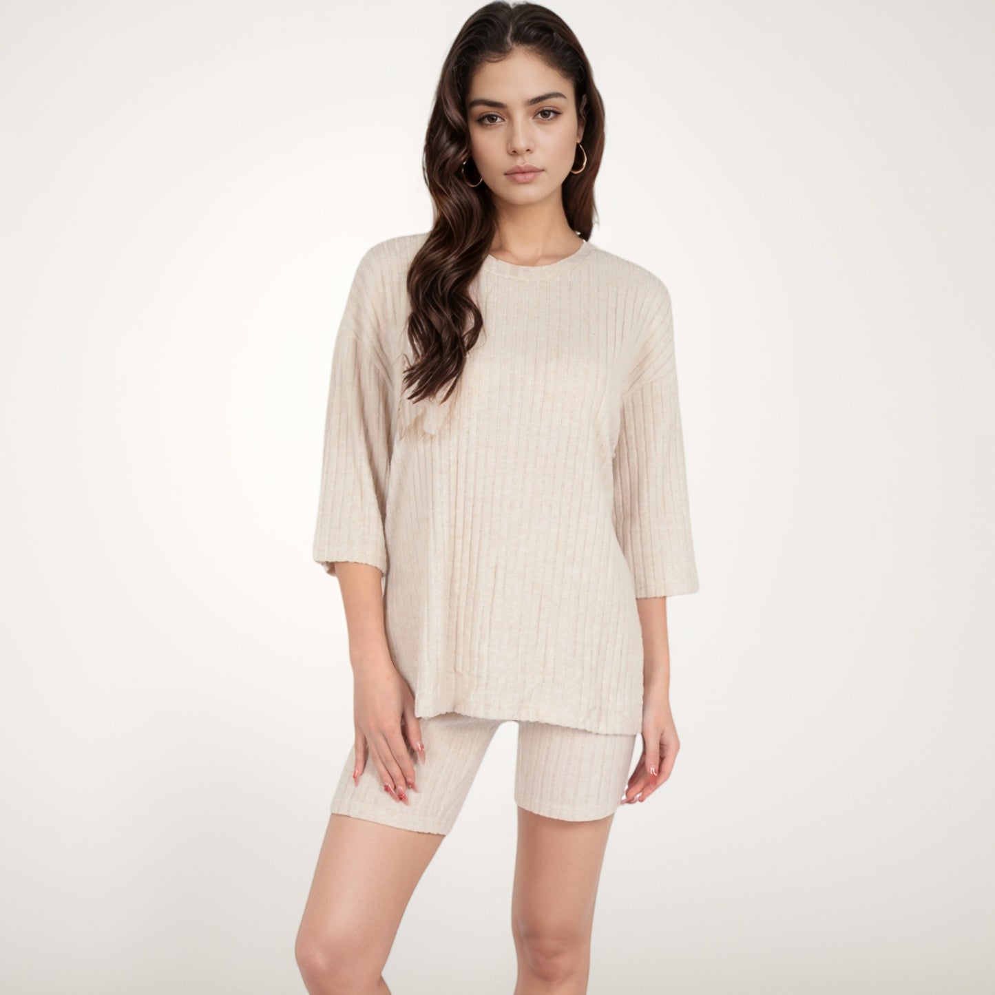 Anna-Kaci Women's Ribbed Knit Lounge Set with 3/4 Sleeve Top and Fitted Shorts