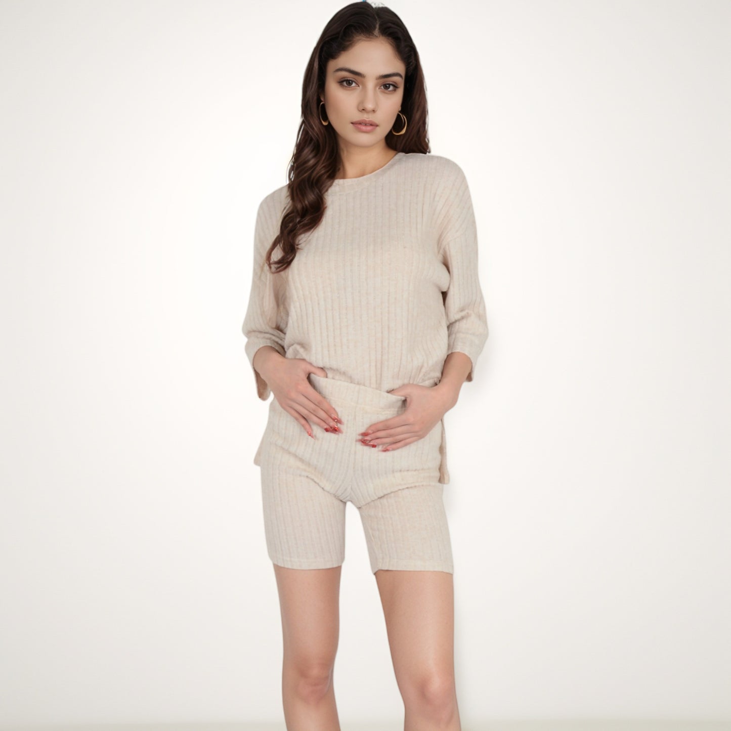 Anna-Kaci Women's Ribbed Knit Lounge Set with 3/4 Sleeve Top and Fitted Shorts