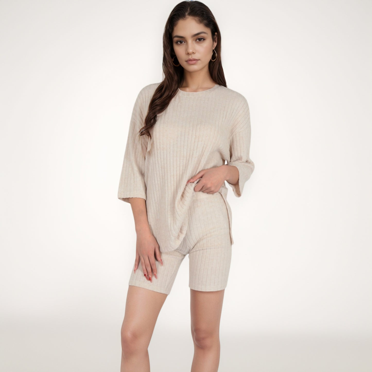 Anna-Kaci Women's Ribbed Knit Lounge Set with 3/4 Sleeve Top and Fitted Shorts