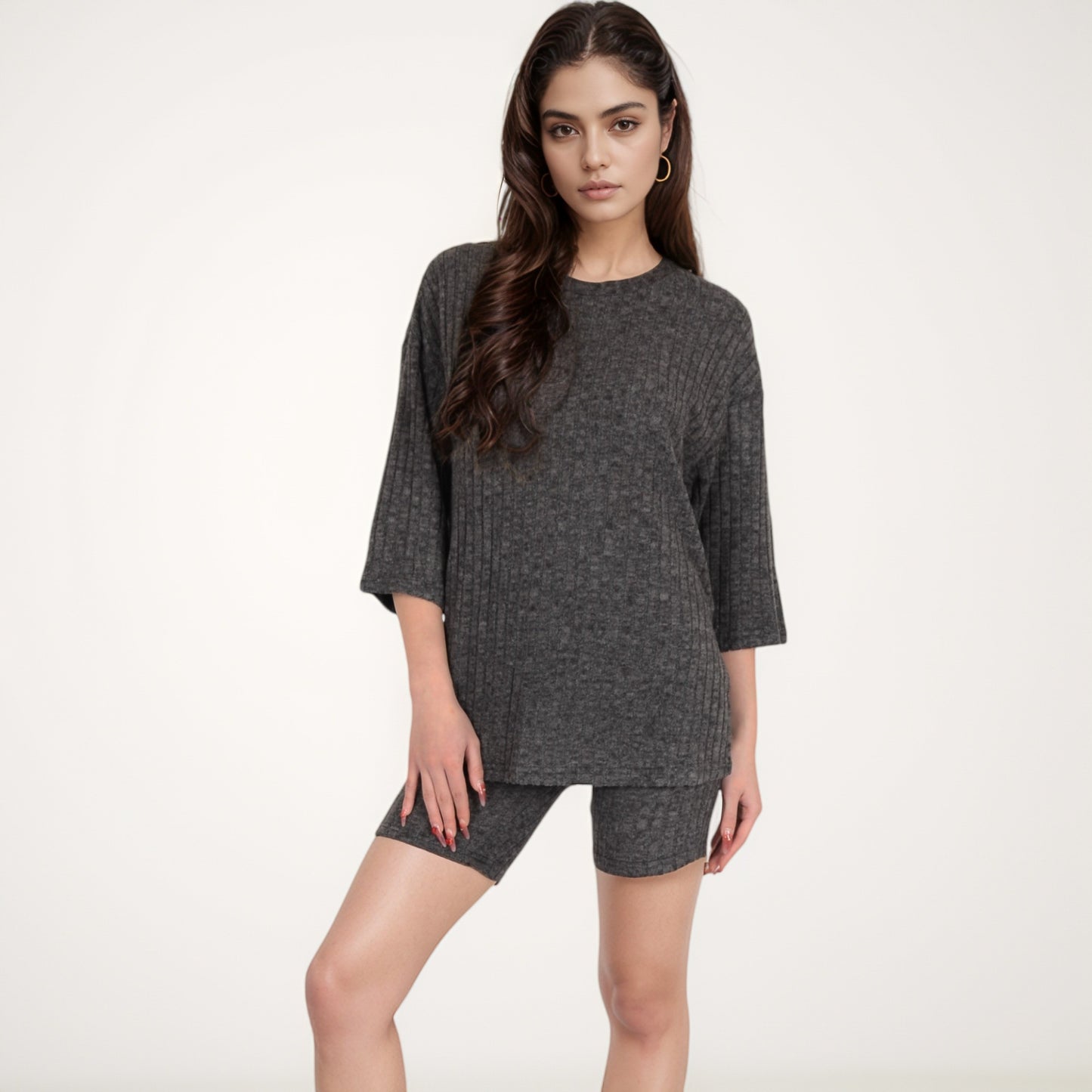 Anna-Kaci Women's Ribbed Knit Lounge Set with 3/4 Sleeve Top and Fitted Shorts